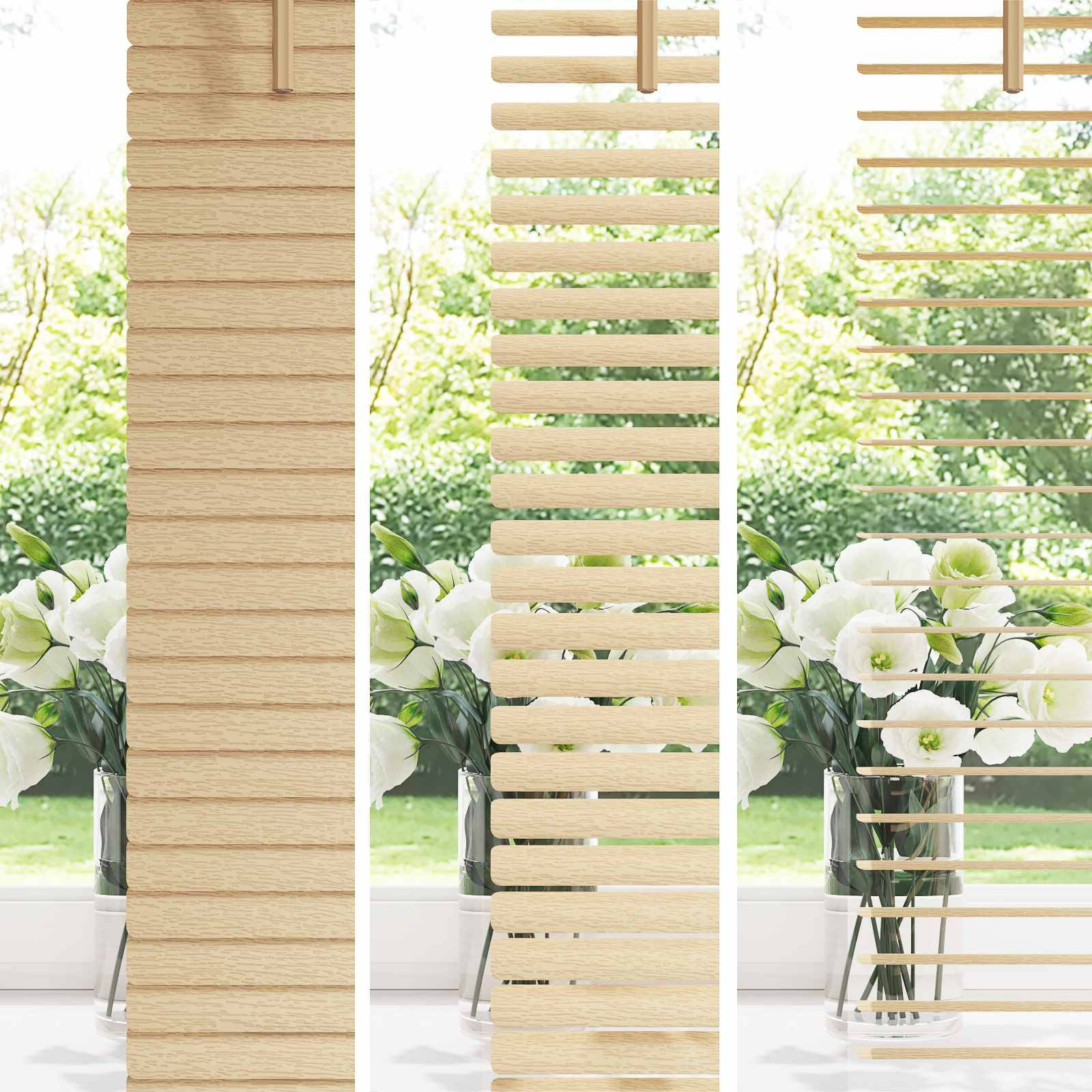 Holzjalousien teilweise geöffnet, um einen Gartenblick mit grünen Bäumen freizugeben, und eine Vase mit weißen Blumen auf der Fensterbank.