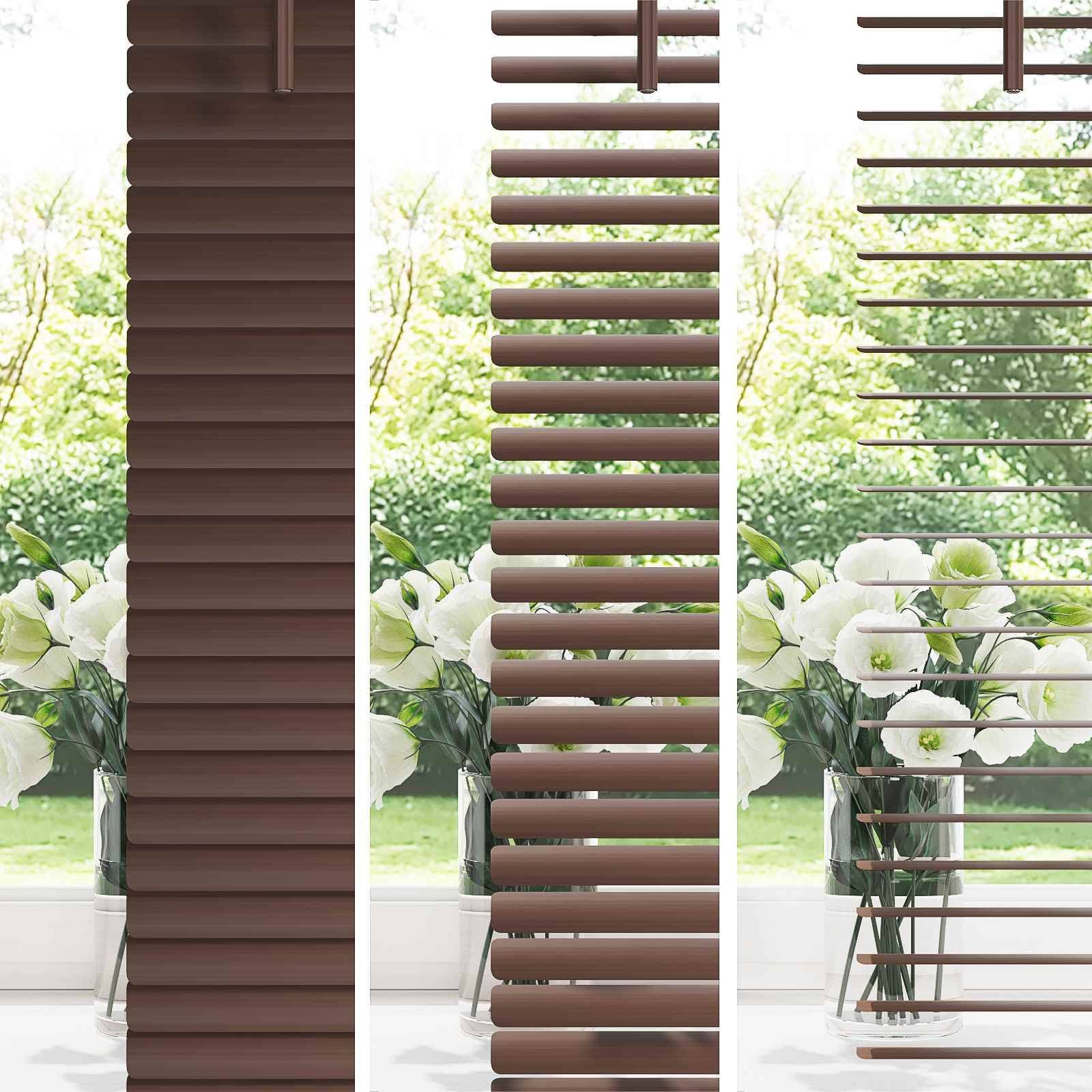 Bild, das geschlossene, halboffene und vollständig geöffnete Holzjalousien vergleicht, mit weißen Blumen, die durch ein Fenster im Hintergrund sichtbar sind.