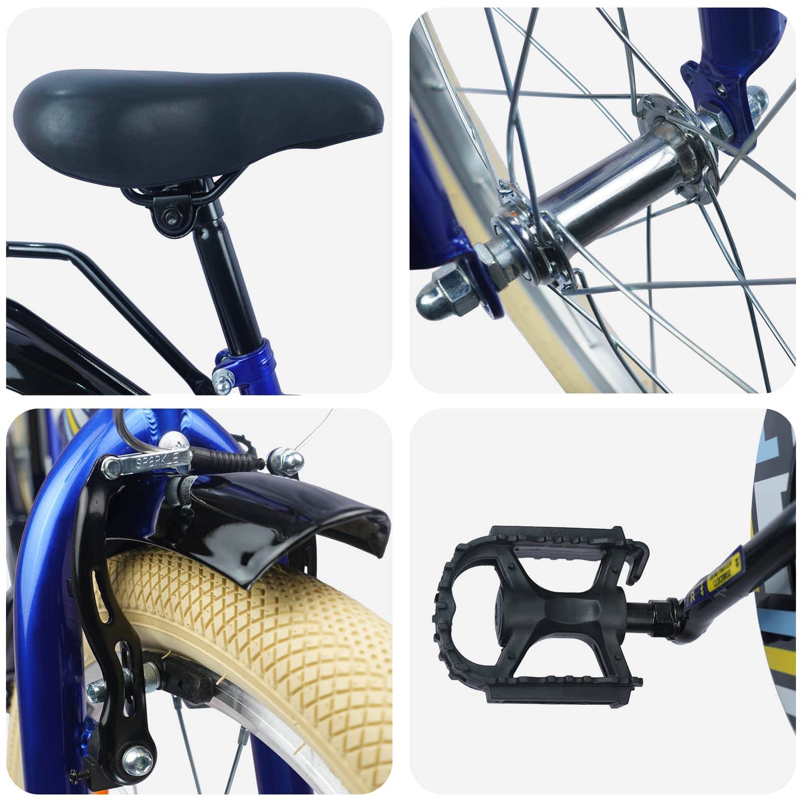 Nahaufnahmen eines Fahrrads: schwarzer Sattel, Radnabe mit Speichen, hinteres Schutzblech über beige Reifen und schwarzes Pedal mit orangefarbenem Reflektordetail.
