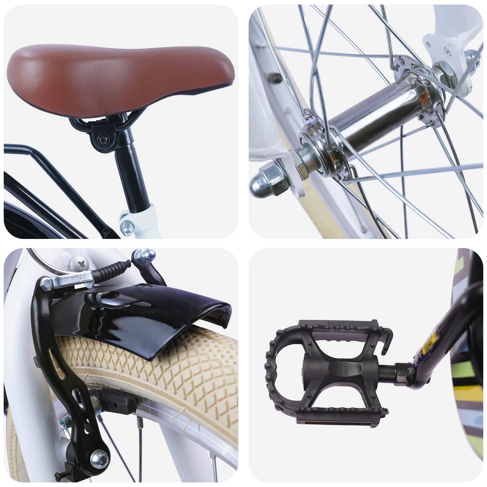Vier Fahrradteile gezeigt: ein braunes Ledersattel, eine Metallnabenkupplung, eine Nahaufnahme einer Bremse mit beigem Reifen und ein schwarzes Pedal.