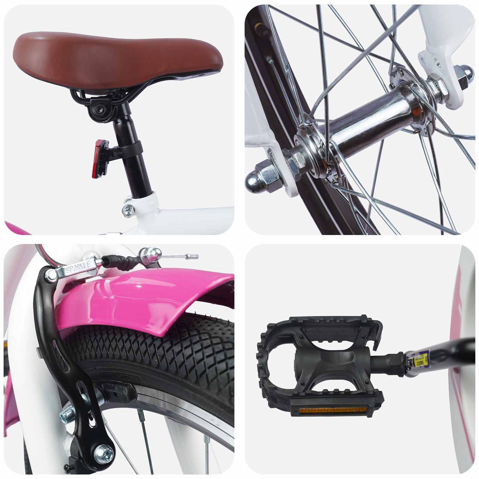Collage von Fahrradteilen: brauner Sattel auf einer weißen Sattelstütze, eine Vordernabe, rosa Schutzblech mit Reifen und Bremse sowie ein schwarzes Pedal.