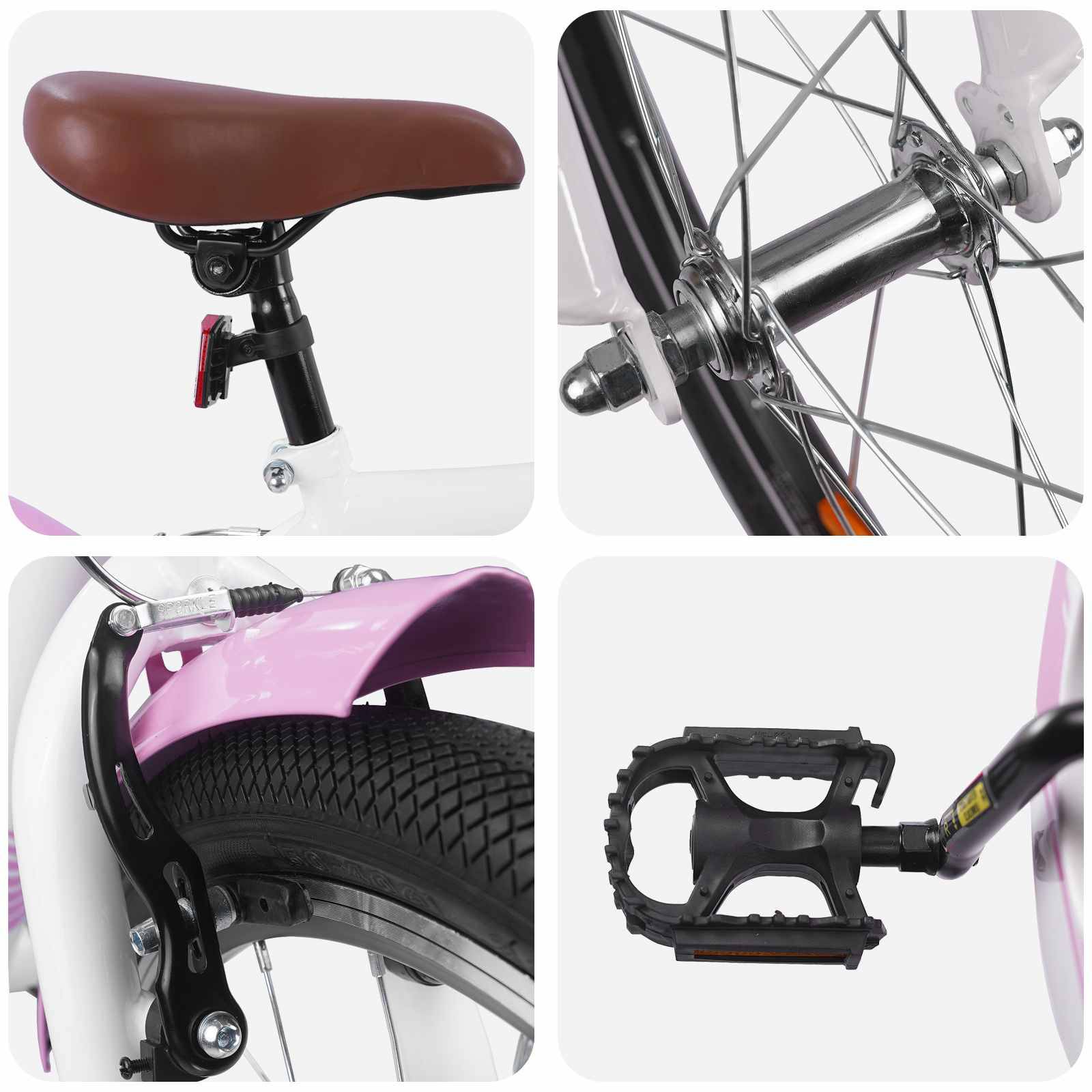 Fahrradteile-Collage, die einen braunen Sattel, eine Hinterrad-Nabe, eine Nahaufnahme einer Bremse und eines Reifens sowie ein schwarzes Pedal auf weißem Hintergrund zeigt.