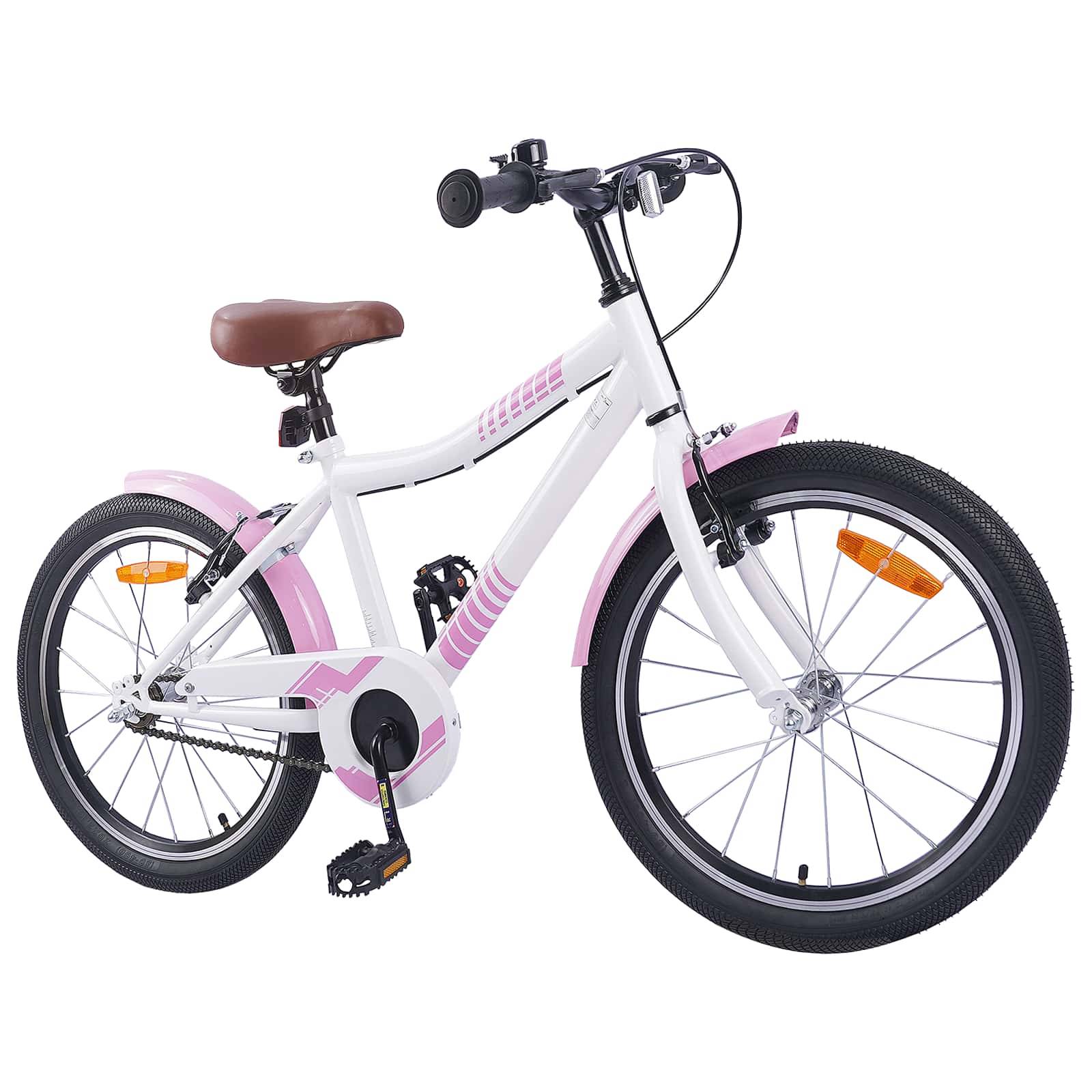 Ein weißes Kinderfahrrad mit rosa Akzenten, ausgestattet mit einem braunen Sattel, Schutzblechen vorne und hinten sowie Reflektoren an beiden Rädern.