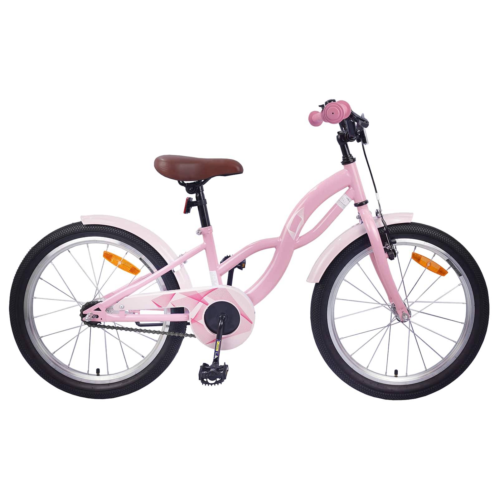 Ein rosa Kinderfahrrad mit braunem Sattel und schwarzen Reifen, von der Seite dargestellt.