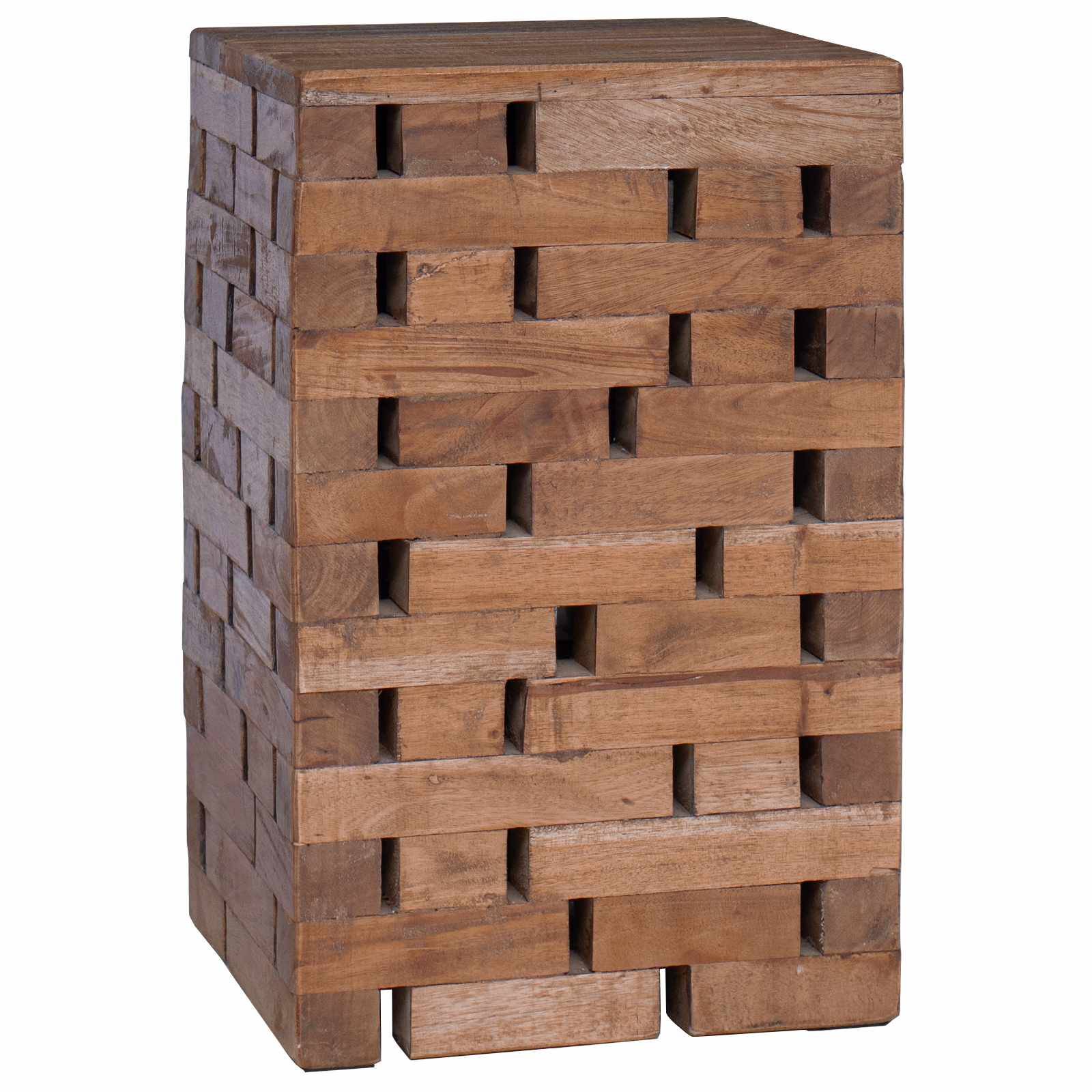 Ein Holzblock-Hocker mit geometrischem, ineinandergreifendem Muster, das ein natürliches, rustikales Design für Heimdekoration oder Sitzgelegenheiten zur Schau stellt.