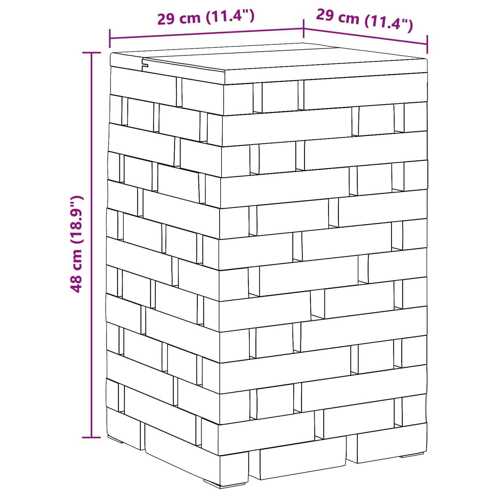 Diagramm eines rechteckigen, ziegelmusterförmigen, stapelbaren Behälters. Abmessungen: Höhe 48 cm (18,9