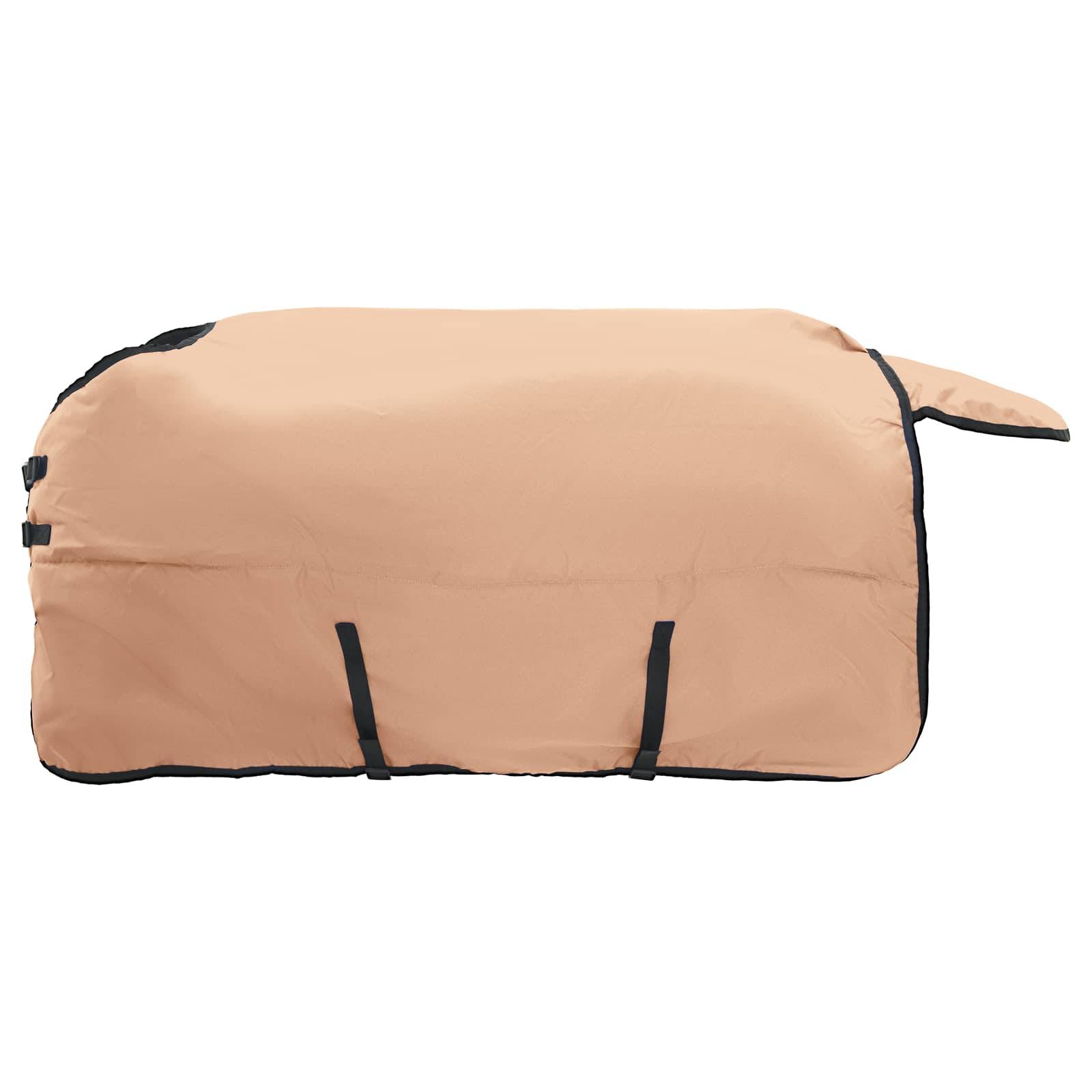 Eine beige Schutzplane mit schwarzem Rand, die über ein Fahrzeug passt und Wetter- und Diebstahlschutz bietet.