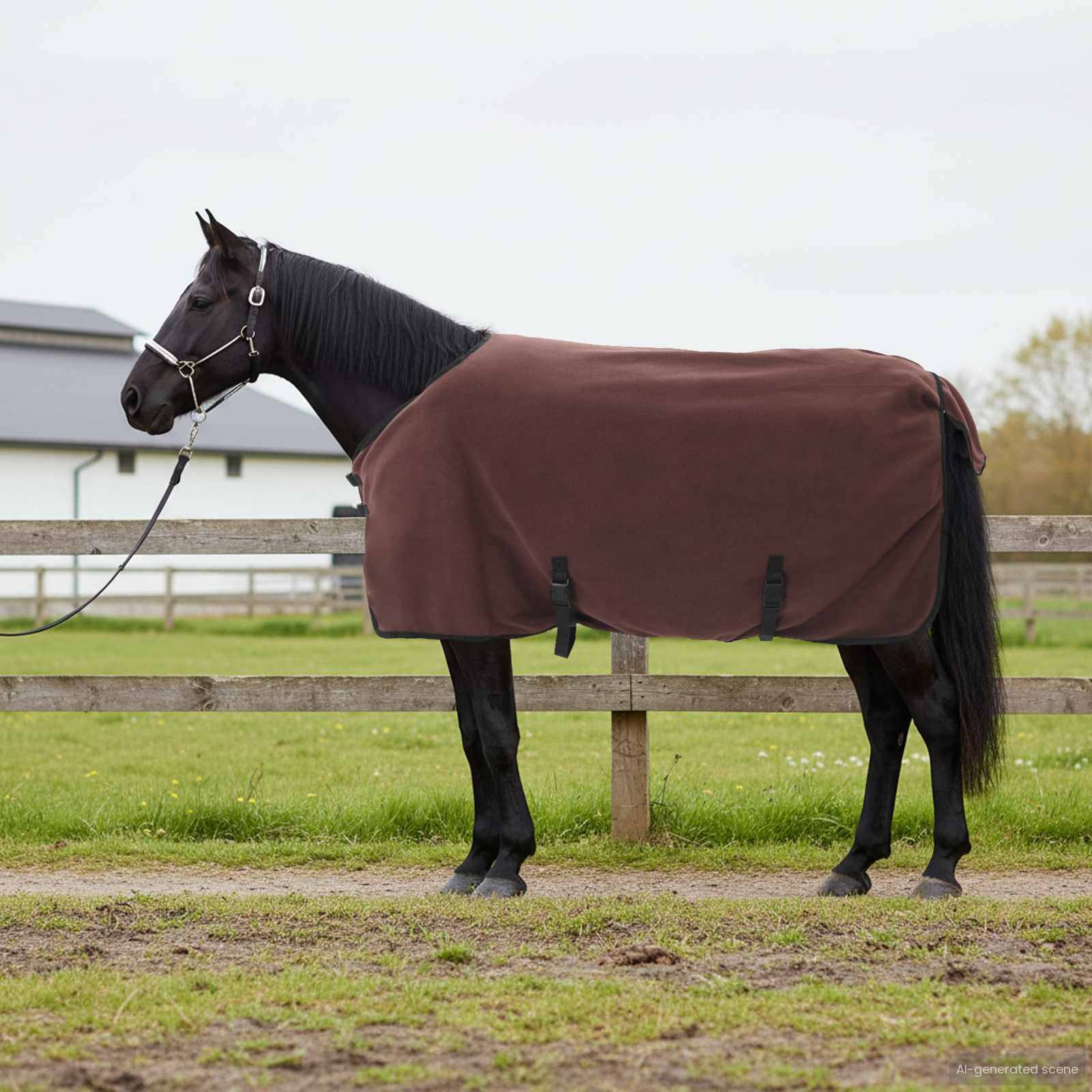 Ein Pferd in einer braunen Decke steht auf einem grasbewachsenen Weg in der Nähe eines Holzzauns, mit einem Gebäude im Hintergrund.