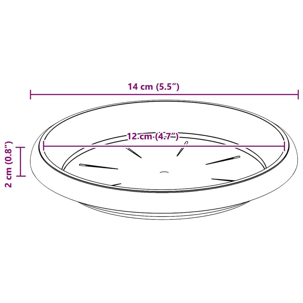 Eine runde Untertasse mit einem Durchmesser von 14 cm (5,5 Zoll) und einer Höhe von 2 cm (0,8 Zoll). Der innere Durchmesser beträgt 12 cm (4,7 Zoll).