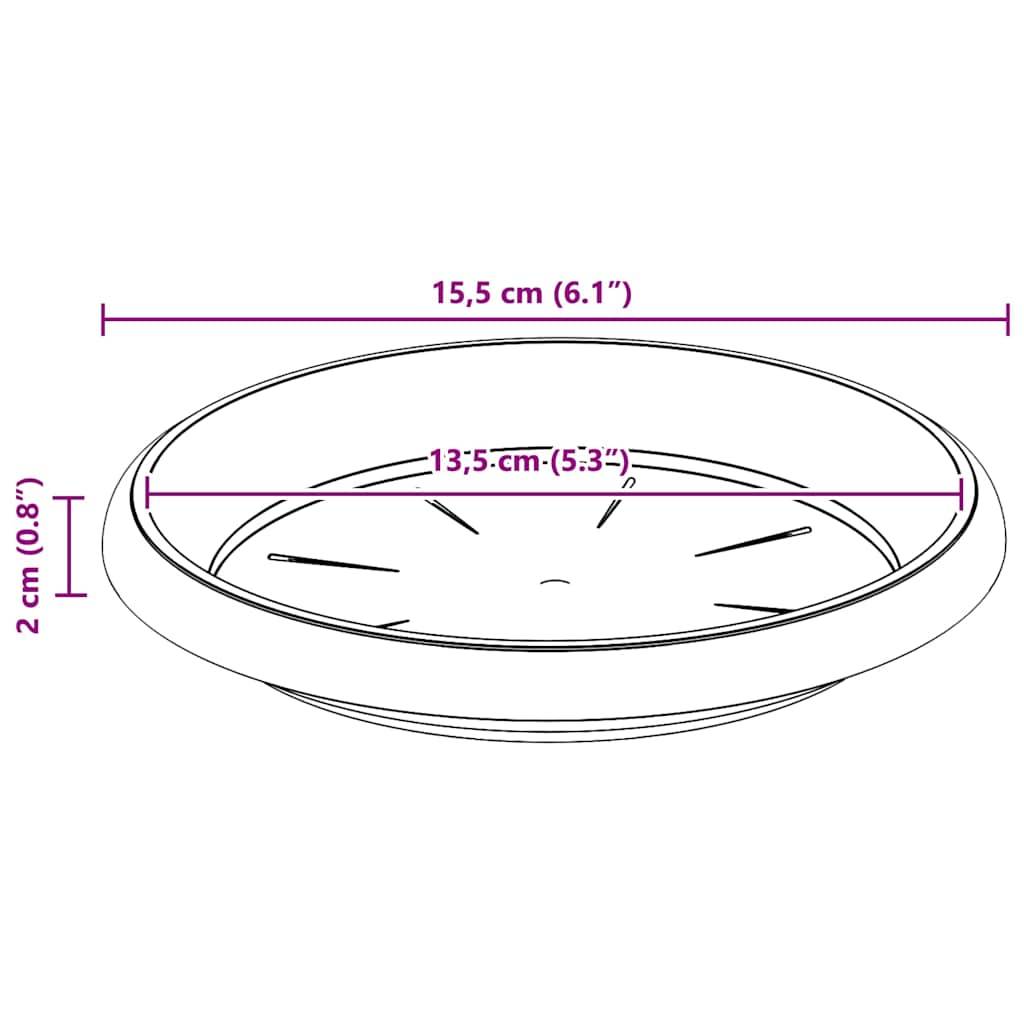 Ein rundes Gefäß mit den Abmessungen: 15,5 cm Durchmesser (6,1 Zoll), 13,5 cm innerer Durchmesser (5,3 Zoll) und 2 cm Höhe (0,8 Zoll).