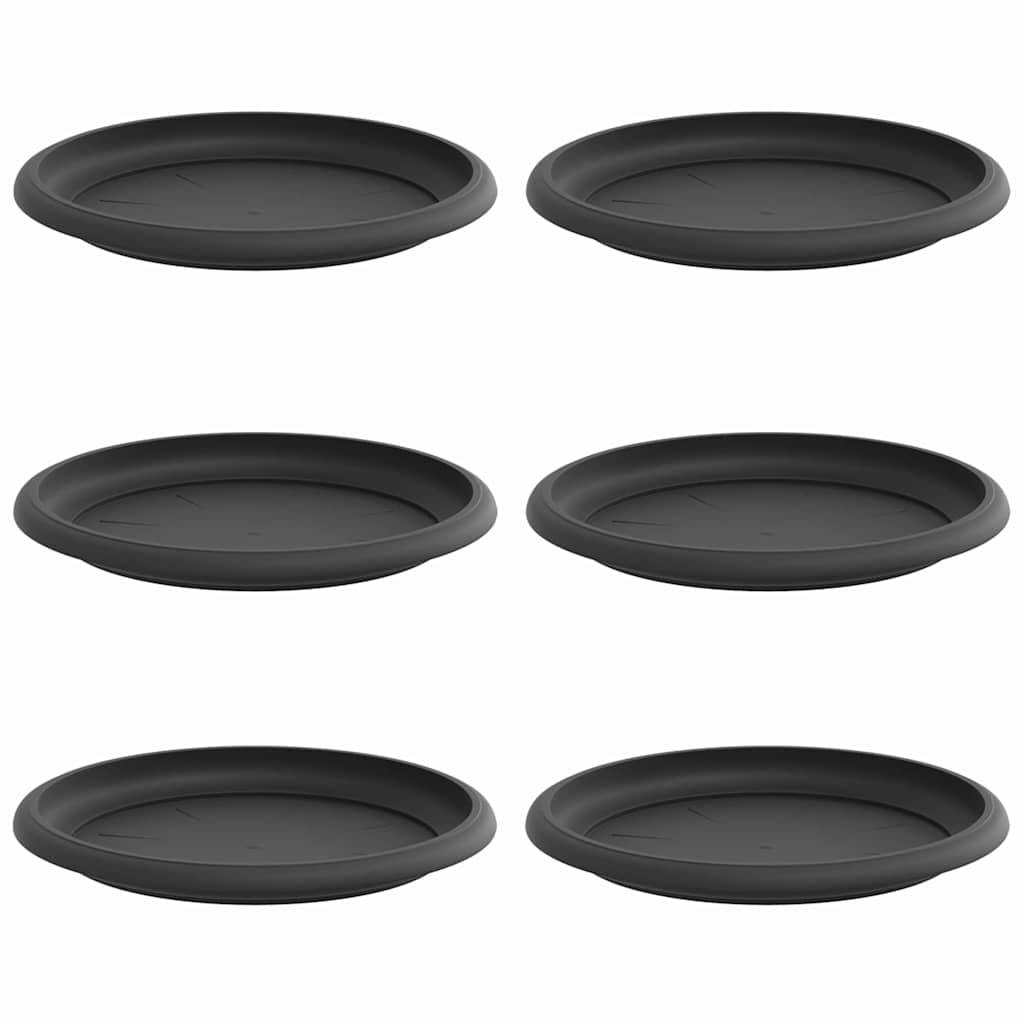 Sechs identische runde schwarze Platten, von oben betrachtet in zwei Reihen zu je drei angeordnet.