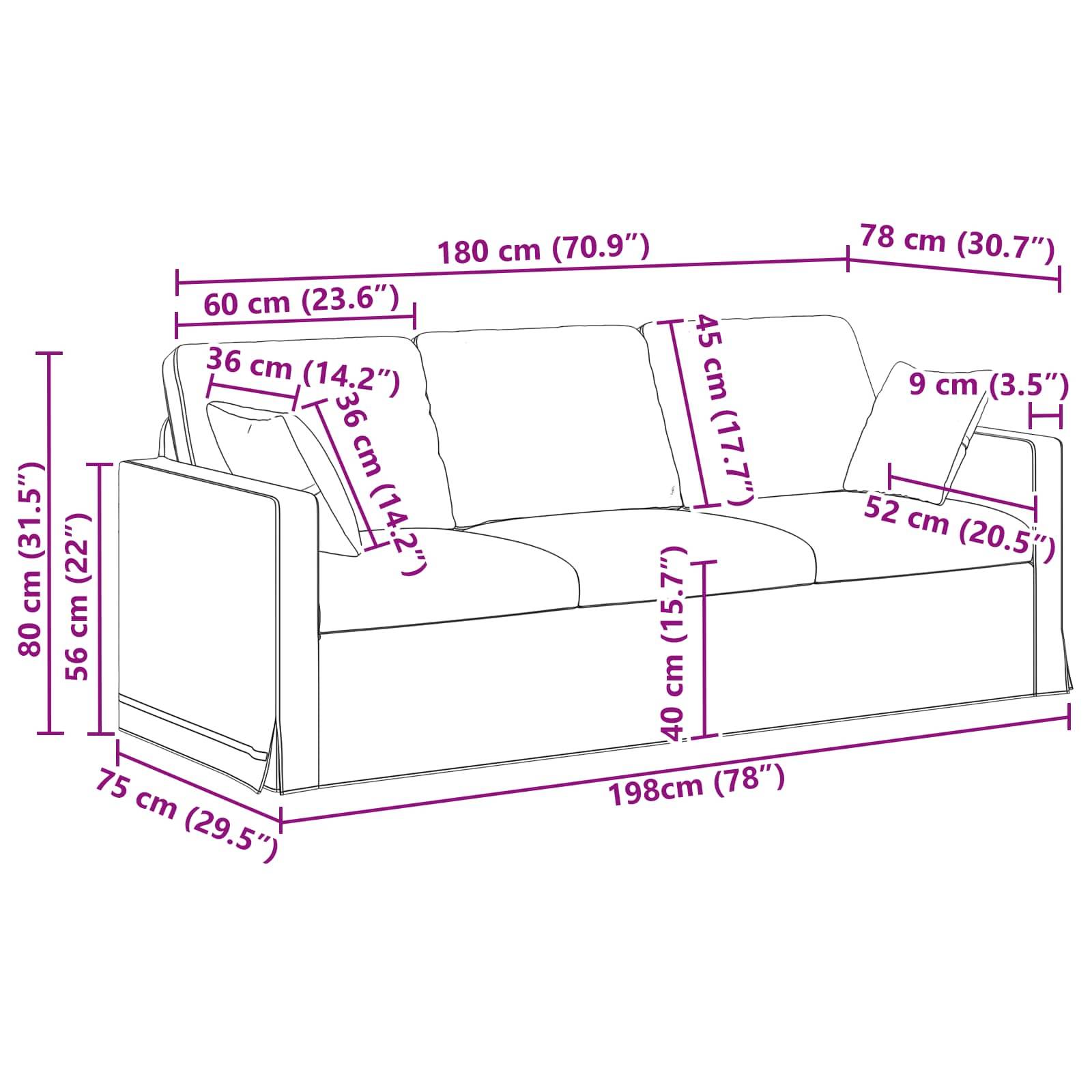 vidaXL Sofa Blau 198 x 78 x 80 cm Samt