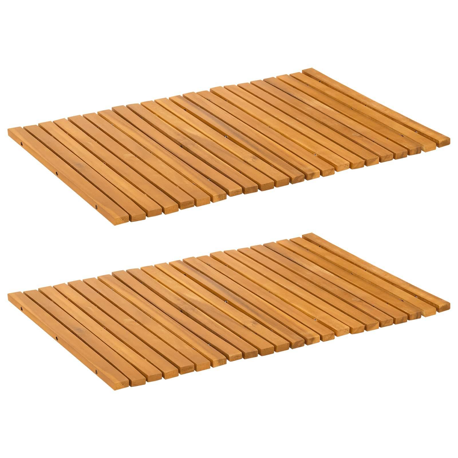 Zwei rechteckige Holzbadematte mit parallelen Latten, nebeneinander auf weißem Hintergrund dargestellt.