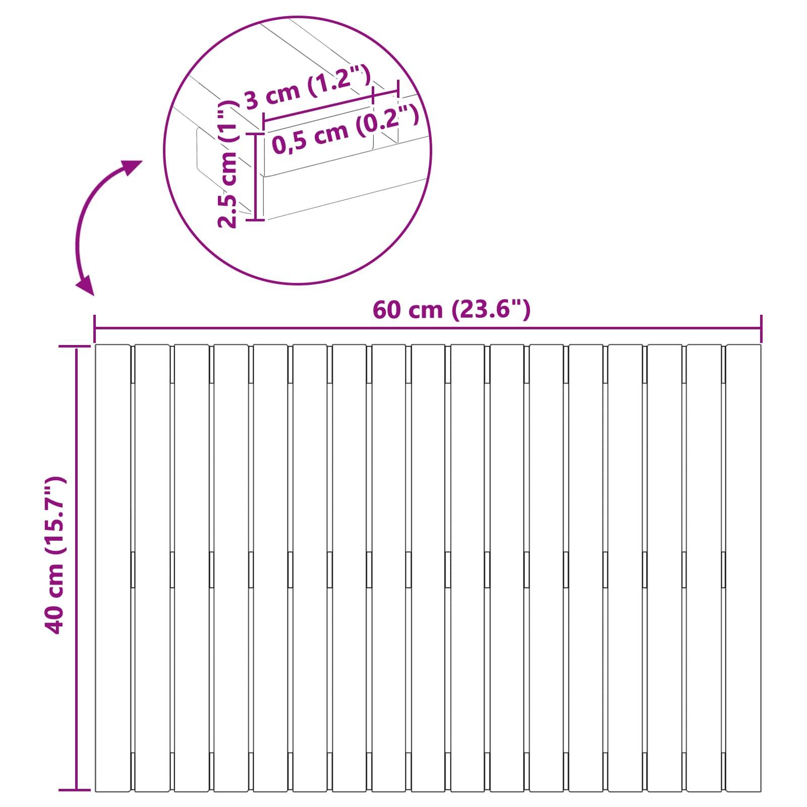 Illustration, die die Abmessungen eines Lamellenpanels zeigt: 40 cm Höhe, 60 cm Breite. Detaillierte Ansicht einer einzelnen Lamelle: 3 cm Breite, 2,5 cm Höhe, 0,5 cm Abstand.