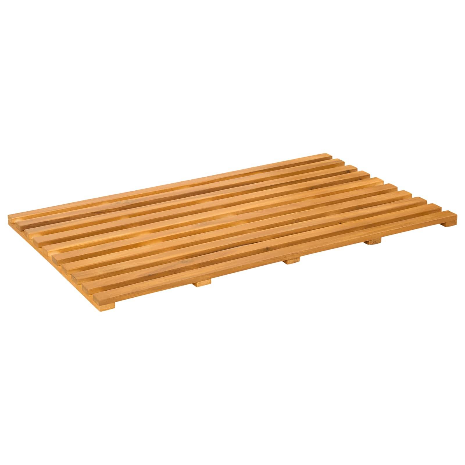 Eine Badematte aus Holz mit einem lamellenartigen Design aus Bambus wird gezeigt.