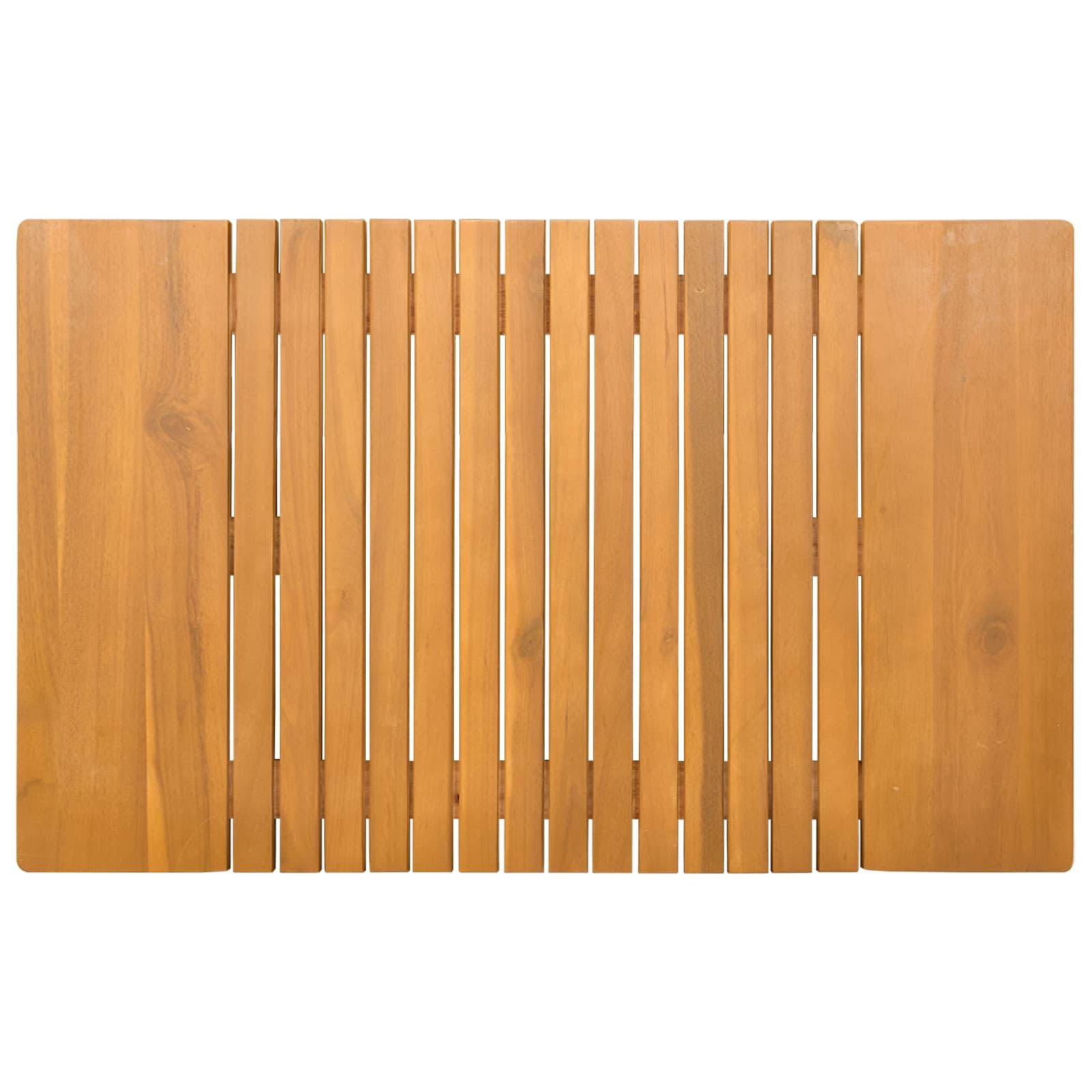 Eine rechteckige Holztischplatte mit Lamellenentwurf, bestehend aus einer Reihe von vertikalen Brettern und zwei massiven Endpaneelen.