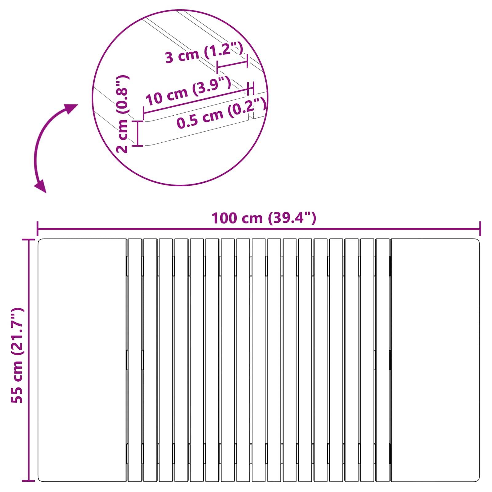 Abmessungen eines rechteckigen Tisches: 100 cm (39,4