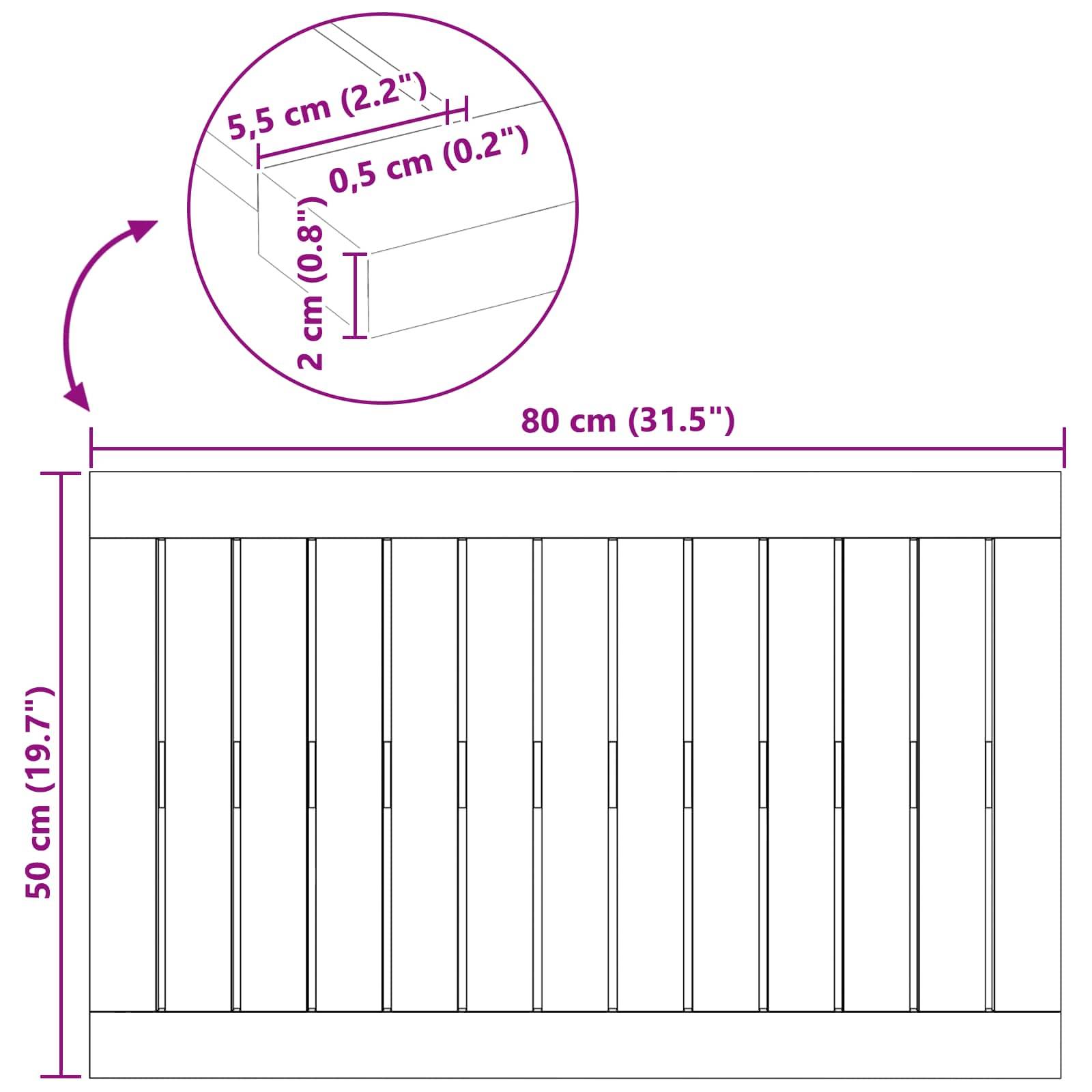 Diagramm eines rechteckigen Objekts mit beschrifteten Abmessungen: 80 cm breit, 50 cm hoch. Die Ausschnittsvergrößerung zeigt einen Querschnitt: 5,5 cm breit, 2 cm hoch.