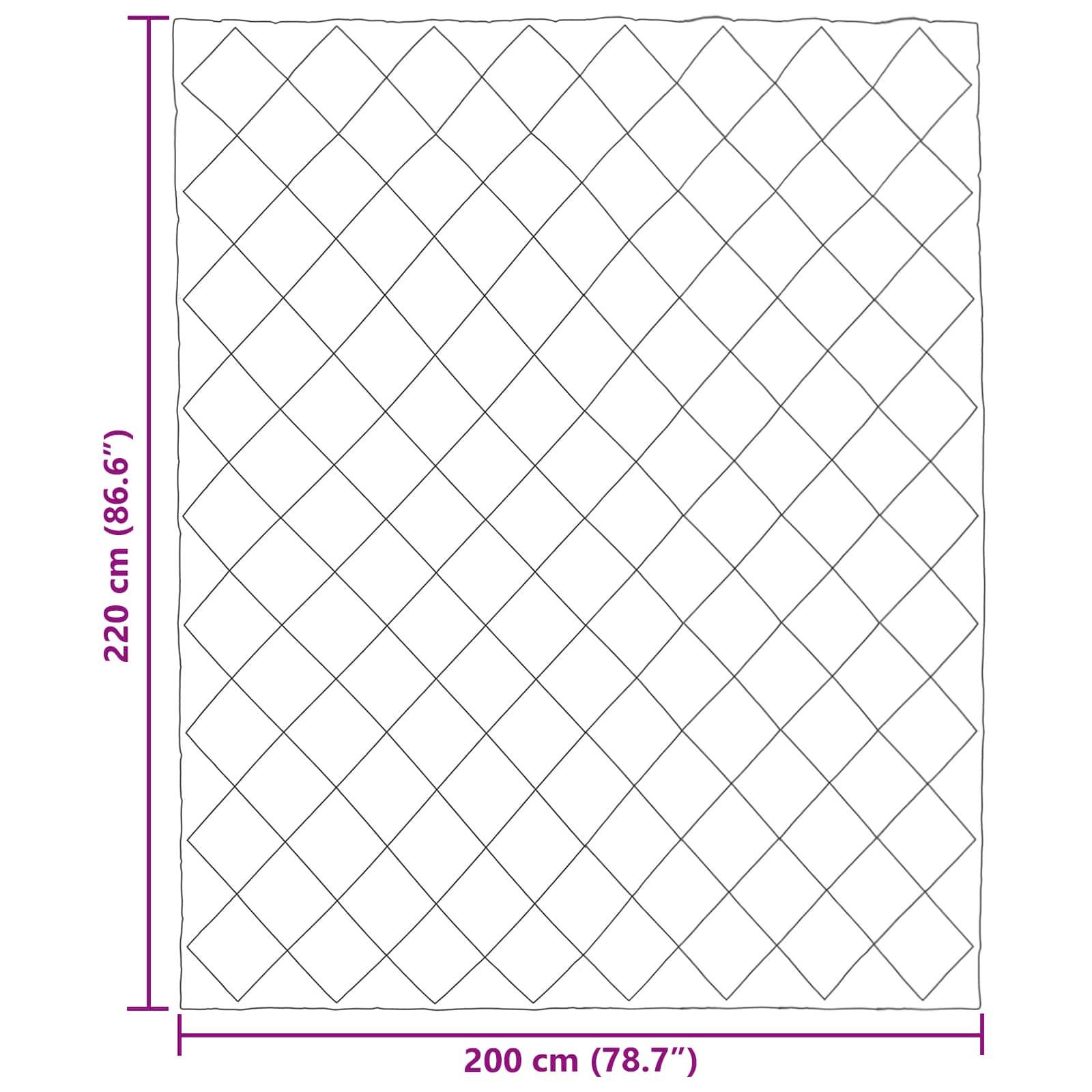 Ein rechteckiges Quilt mit den Maßen 200 cm x 220 cm mit einem Diamantmuster wird gezeigt.