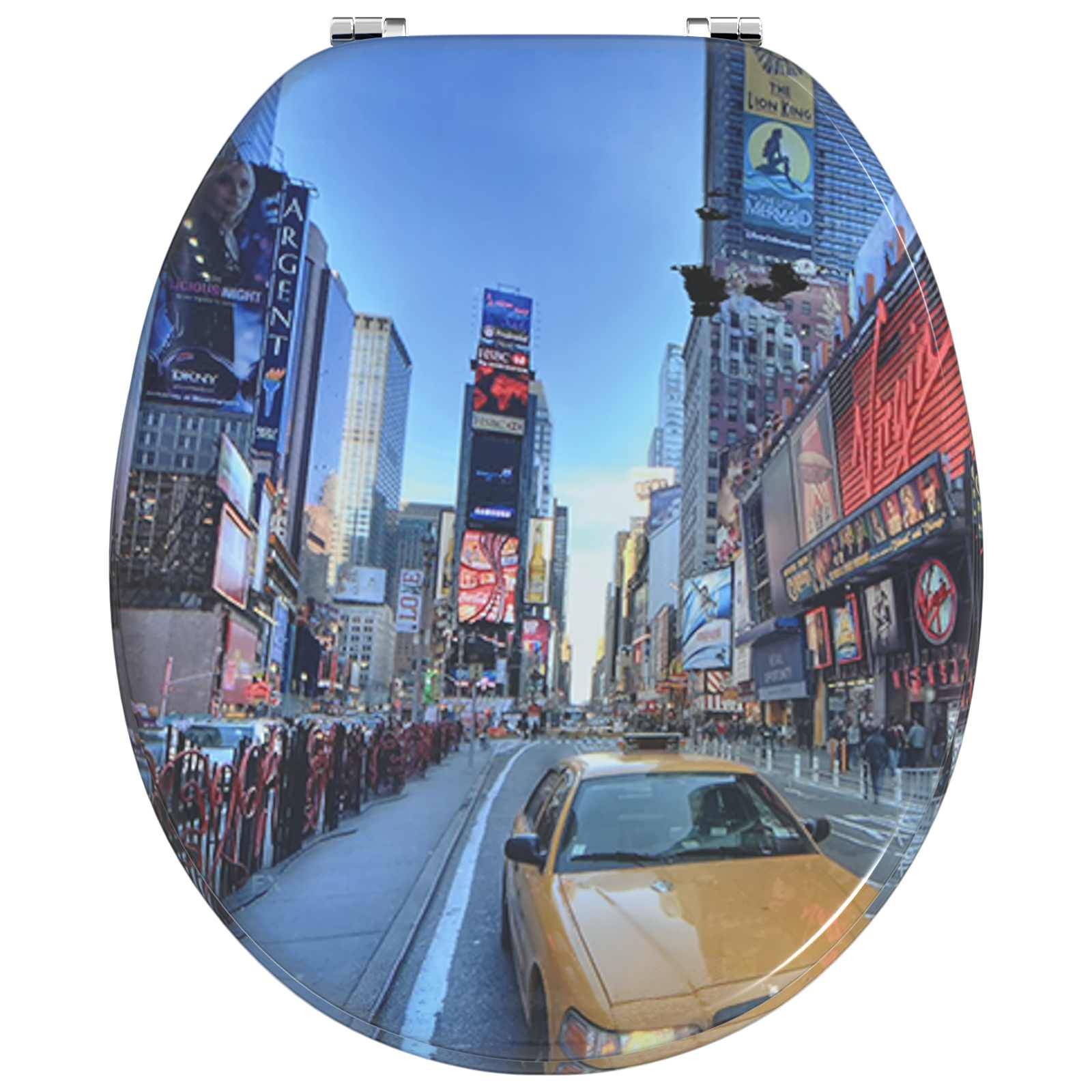 Ein Toilettendeckel mit einer lebendigen Szene des Times Square, die Wolkenkratzer, elektronische Werbetafeln und ein gelbes Taxi zeigt, das die Straße hinunterfährt.