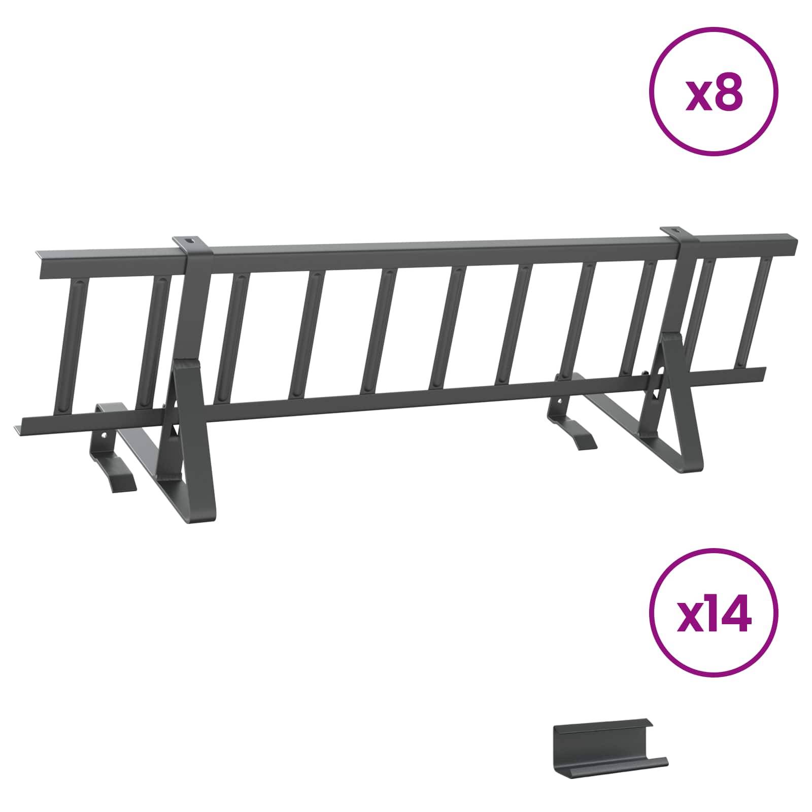 Eine Metallleiter mit acht Sprossen wird neben einer einzelnen Metallhalterung abgebildet. Die Zahlen „x8" und „x14"" geben die Teilemenge an.