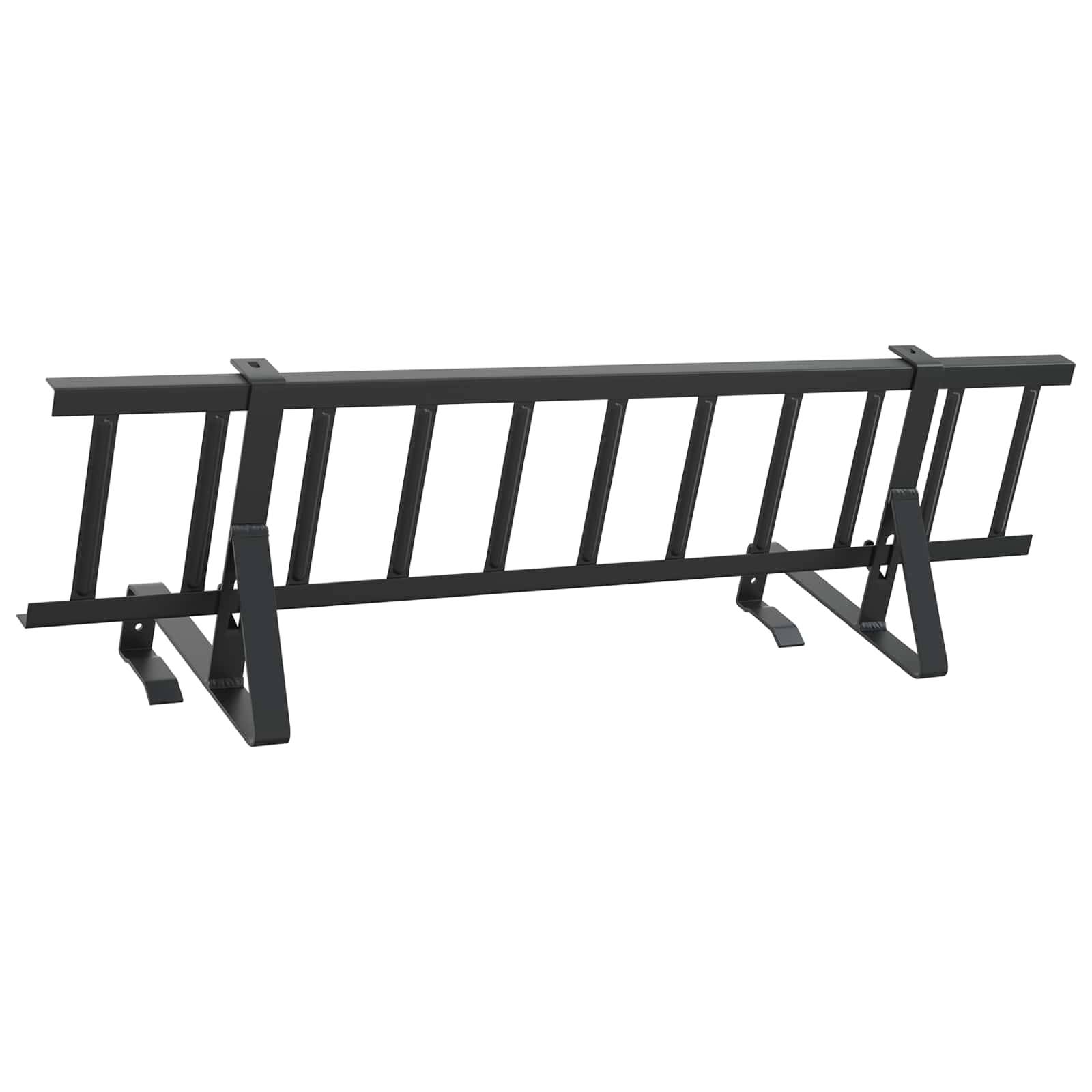 Ein schwarzer Metallschutzpoller mit Schutzgitter-Design, ausgestattet mit mehreren vertikalen Stäben und robusten Sockelstützen.