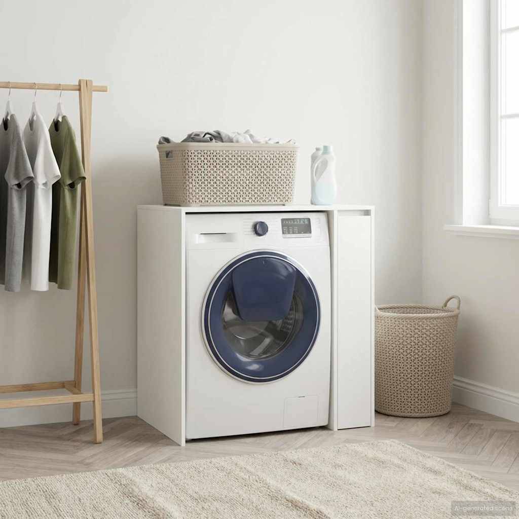 Eine Waschmaschine in einem minimalistischen Waschraum mit einem Wäschekorb oben drauf und einem Kleiderständer mit hängenden Hemden in der Nähe.