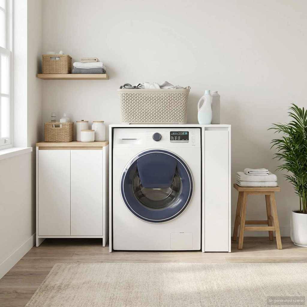 Eine moderne Waschmaschine in einem minimalistischen Wäschezimmer mit Holzboden, weißer Schrankeinrichtung, Körben auf Regalen und einer Pflanze in der Ecke.