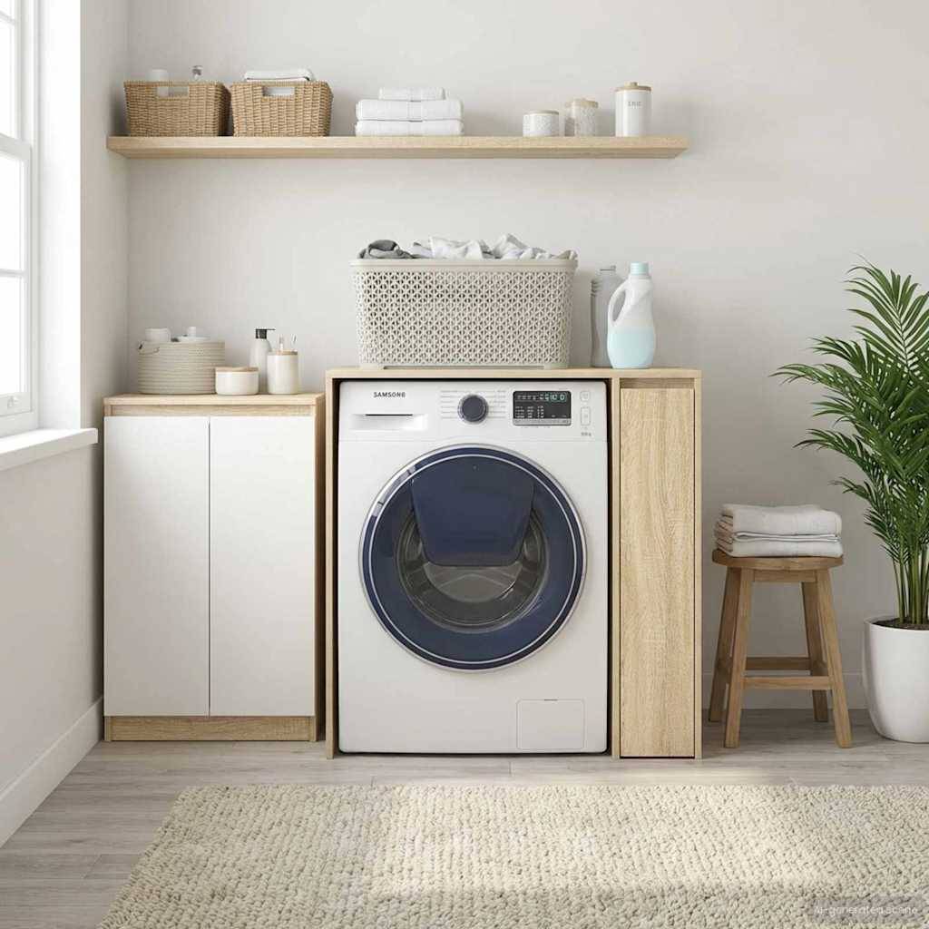 Ein modernes Waschzimmer mit einer Frontladewaschmaschine, Holzschränken, einer Pflanze und Regalen mit Körben in einem hellen, ordentlichen Raum.