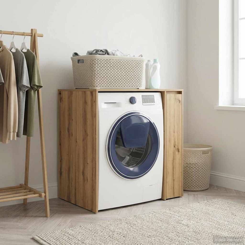 Eine weiße Waschmaschine mit blauer Tür steht in einem Holzschrank. Kleidung liegt in einem Korb oben darauf, mit weiteren Teilen, die daneben aufgehängt sind.