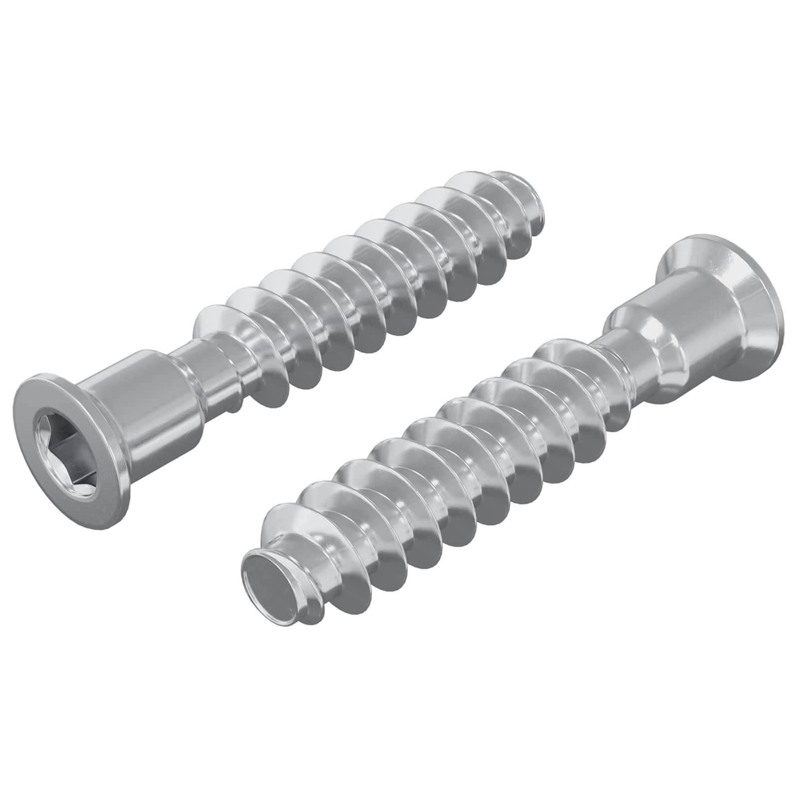 Zwei metallische Schrauben mit Innensechskantköpfen, versehen mit Spiralgewinde, parallel zueinander gegen einen weißen Hintergrund positioniert.
