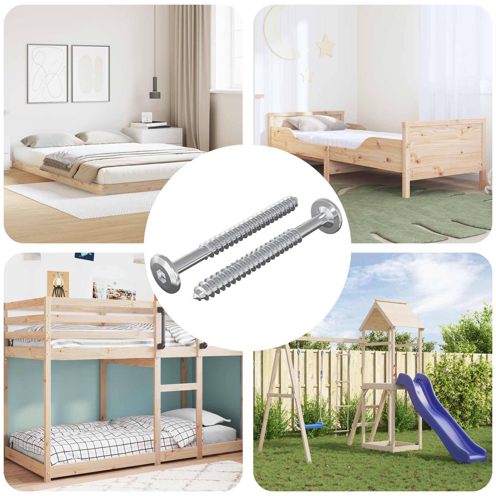 Vier Möbelgestelle: Doppelbett, Einzelbett, Etagenbett und Spielset für den Außenbereich, mit zwei Schrauben in der Mitte, was auf Montage hindeutet.
