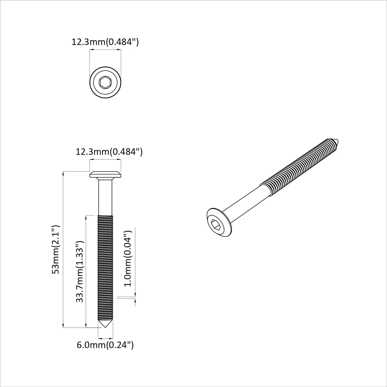 Diagramm einer Innensechskant-Schraube mit Abmessungen: Länge 53 mm, Kopfdurchmesser 12,3 mm und Gewindedurchmesser 6,0 mm.