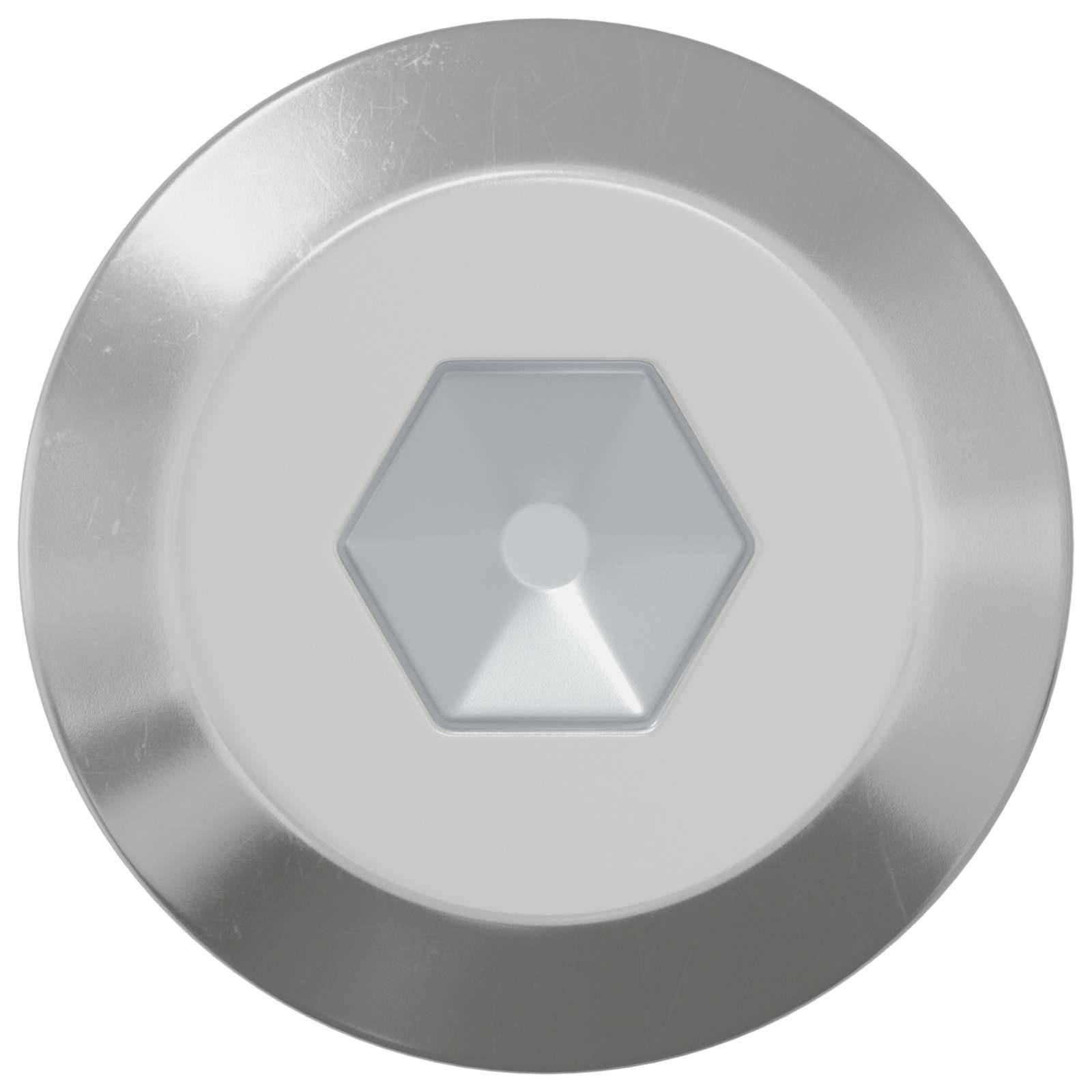 Silberner Metalldeckel mit einem sechseckigen Innendesign.