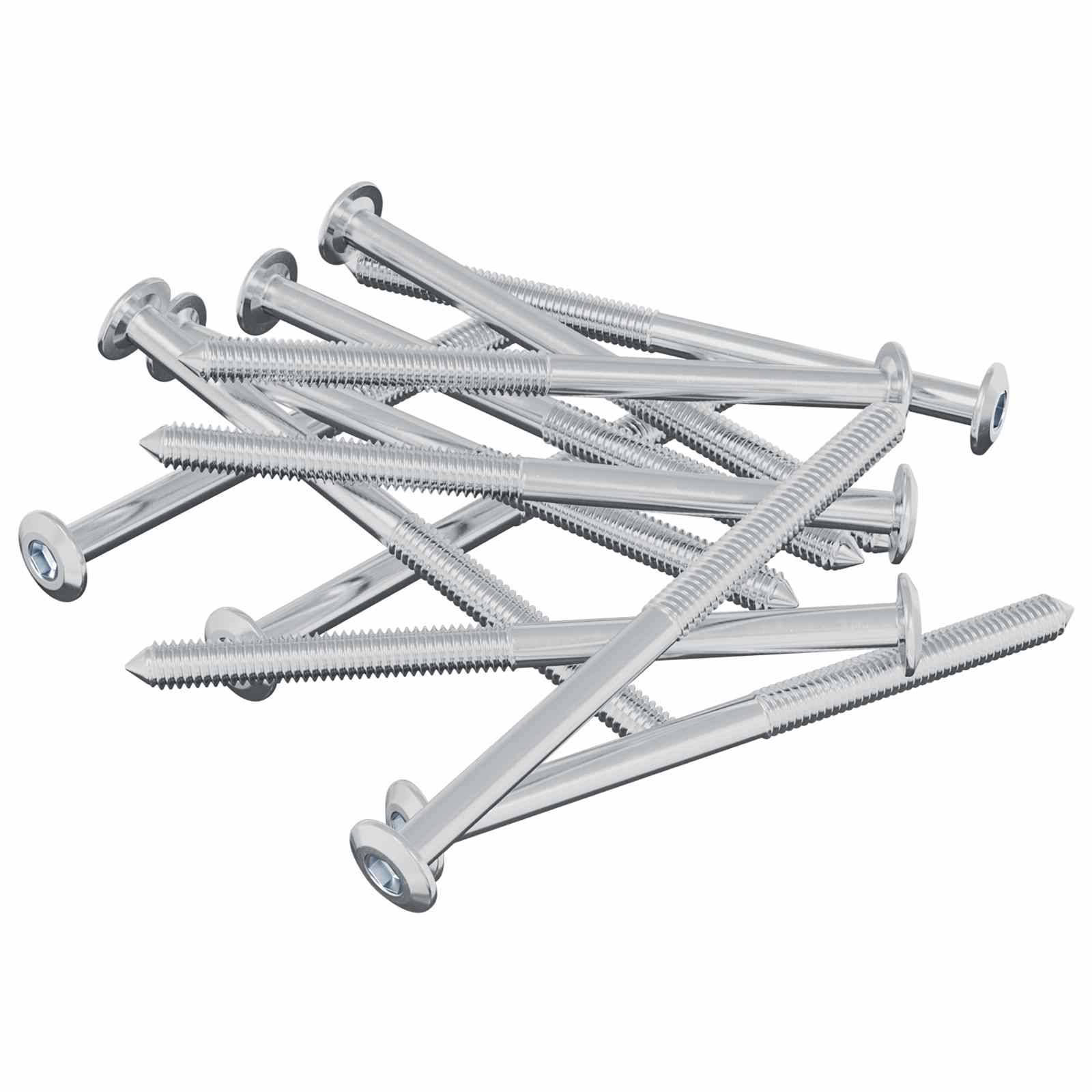 Ein verstreuter Haufen glänzender, metallischer Schrauben, jede mit einem flachen Kopf und gewindeformigem Schaft, geeignet für Bau- oder DIY-Projekte.