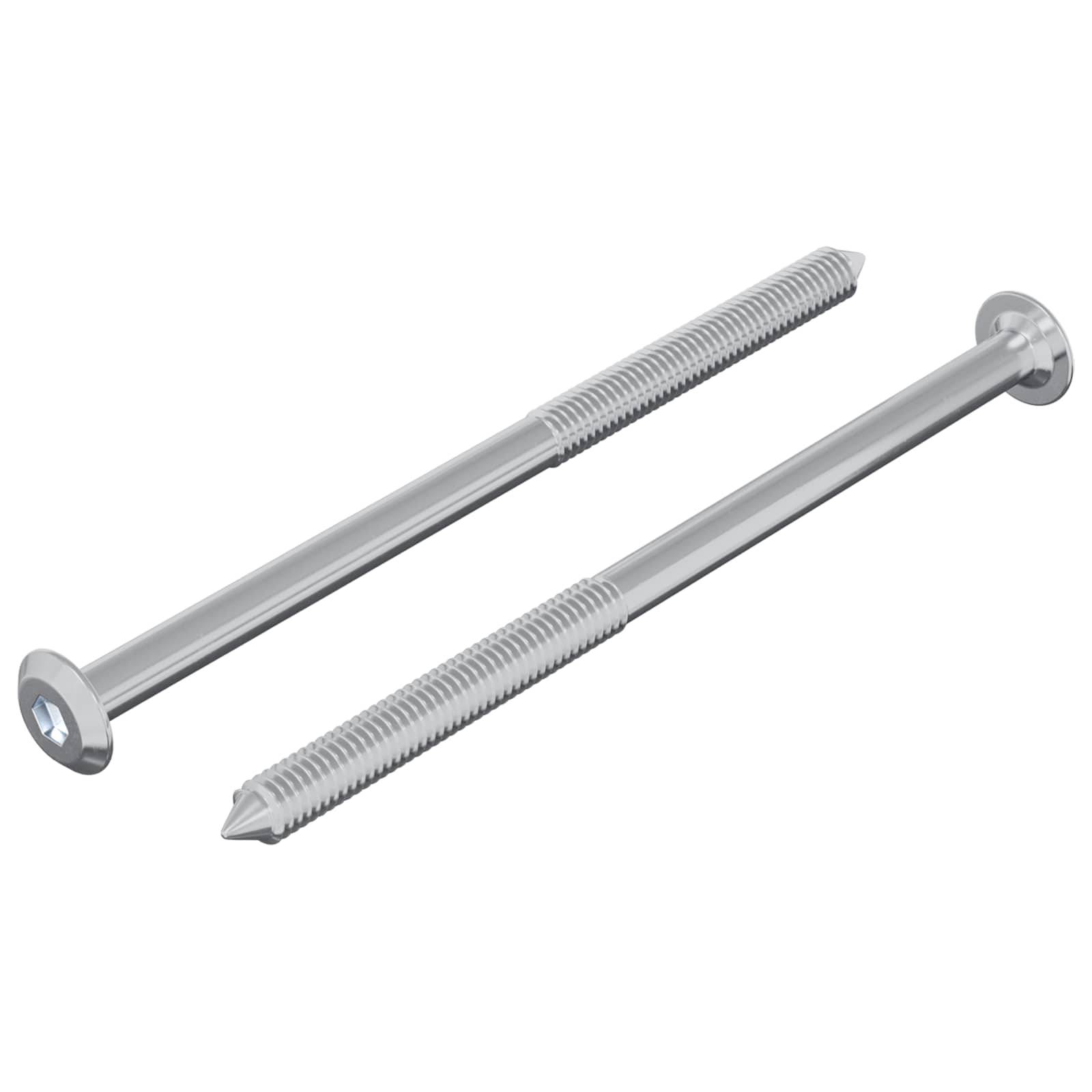 Zwei silberne Sechskantantrieb-Bolzen, einer vollständig gewindegefertigt und der andere teilweise, beide mit flachen Köpfen parallel auf weißem Hintergrund angeordnet.