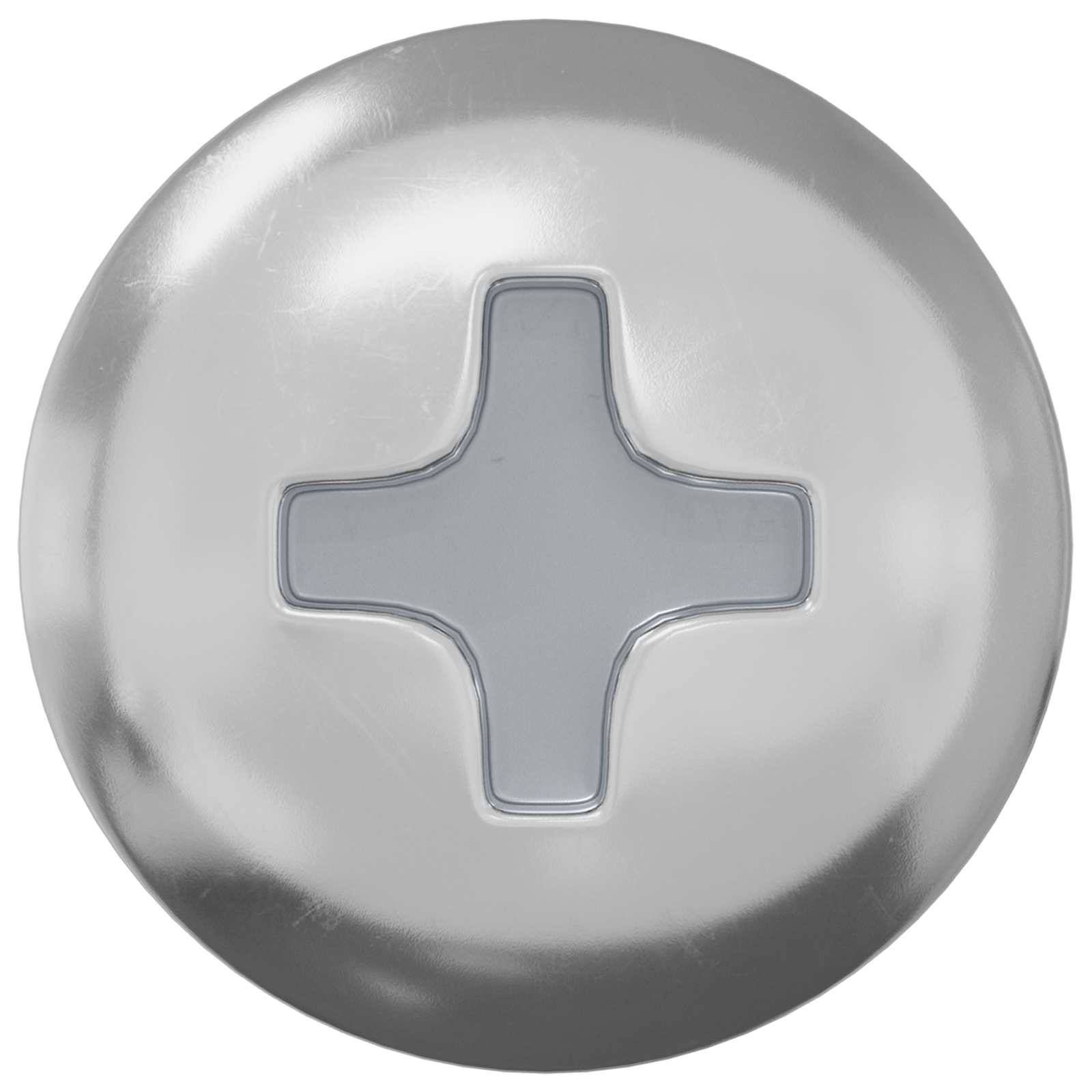 Ein grauer, runder metallischer Knopf mit einem erhabenen kreuzförmigen Design auf seiner Oberfläche.