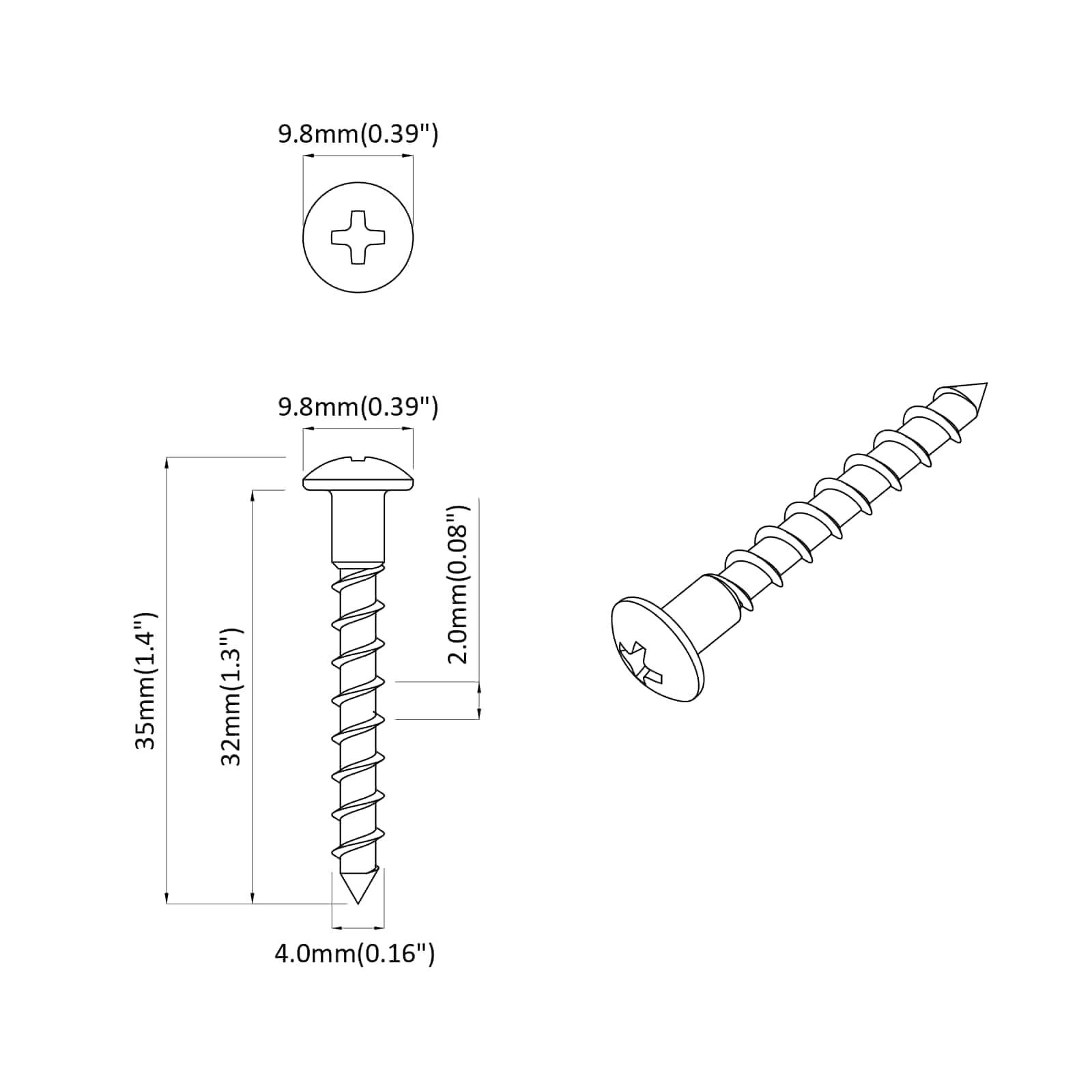 Diagramm mit Maßen einer Schraube: Länge 32mm, Kopfdurchmesser 9,8mm, Schaftdurchmesser 2mm, Gesamtlänge 35mm, Spitze 4mm.