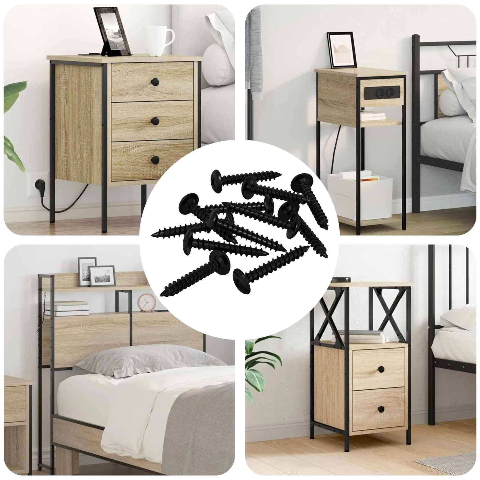 Collage aus vier verschiedenen Nachttischen und einem zentralen Bild von Schrauben; Holzdesigns mit Metallrahmen, verschiedene Schubladenausführungen.
