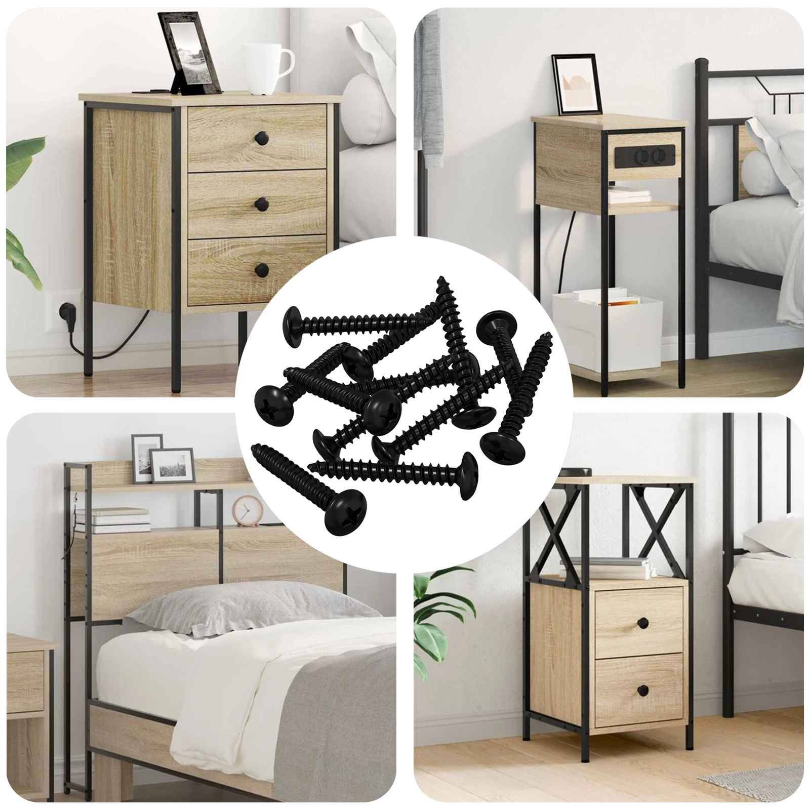 Collage aus Holz- und Metallschlafzimmermöbeln, bestehend aus einem Nachttisch, Beistelltisch, Bettgestell und kleinem Regalmodul mit Schrauben.