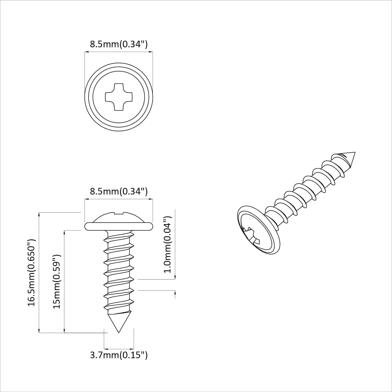 Eine silberfarbene Metallschraube mit einem flachen Kopf und einer spitzen Spitze wird vor einem einfachen Hintergrund gezeigt. Die Schraube ist horizontal positioniert.