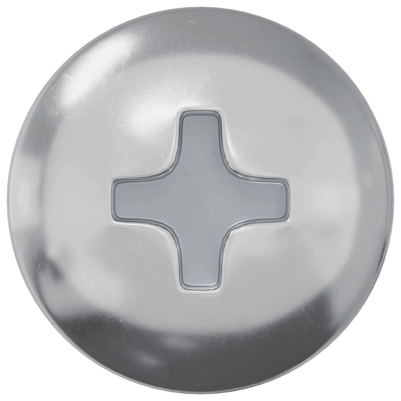 Ein runder, metallischer Knopf mit einem erhabenen Kreuzsymbol in der Mitte, das eine positive Aktion oder Additionsfunktion andeutet.