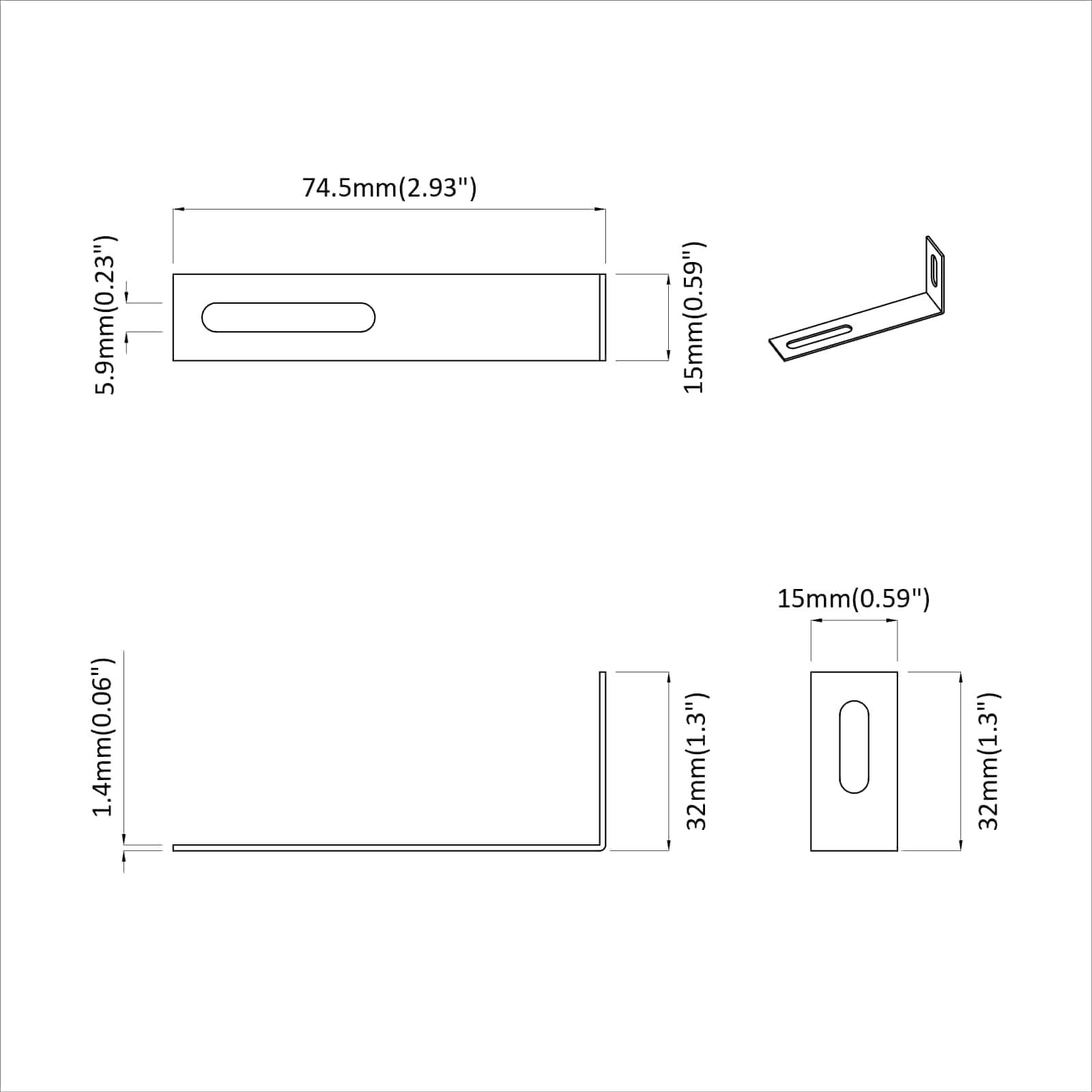 Metallklammer-Abmessungen: 74,5 mm Länge, 14 mm Höhe, 32 mm Breite mit einer 15 mm hohen vertikalen Verlängerung. Bohrung ist 5,9 mm x 15 mm.