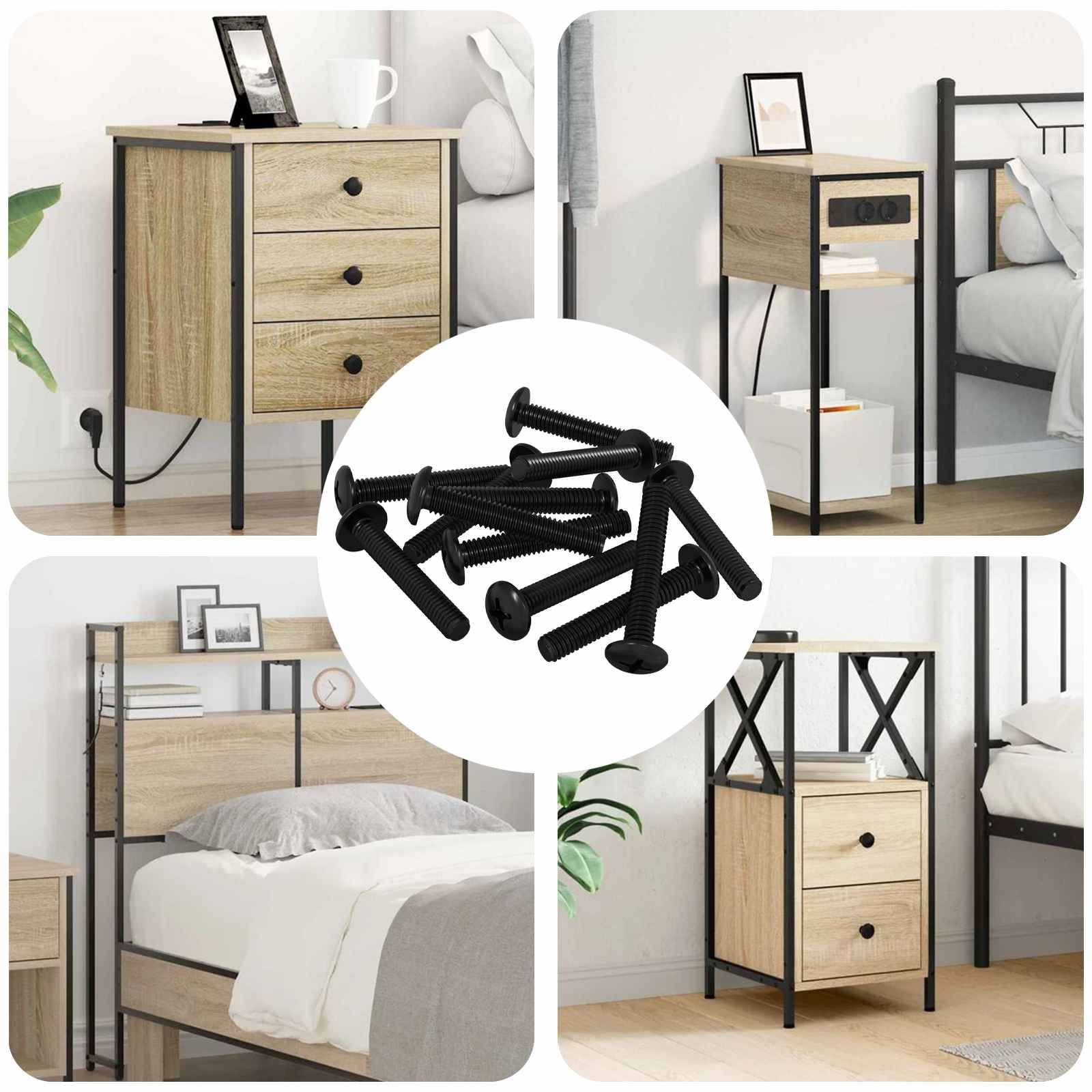 Ein Schlafzimmermöbel-Set aus hellem Holz und schwarzem Metall, bestehend aus einem Bett, zwei Nachttischen und in der Mitte angezeigten Schrauben.