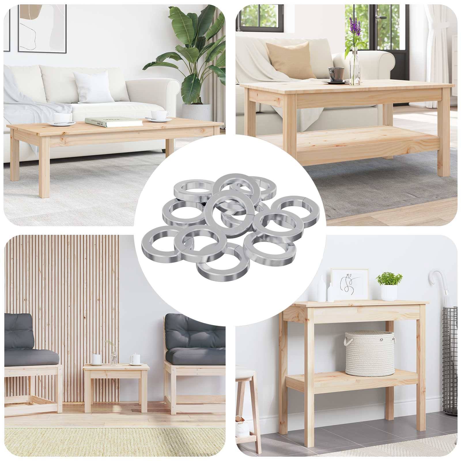 Eine Collage aus moderner Holzmöbeln, bestehend aus einem Sofa mit einem Tisch, einem Holz-Beistelltisch und einem Konsolentisch, mit Metallringen in der Mitte.