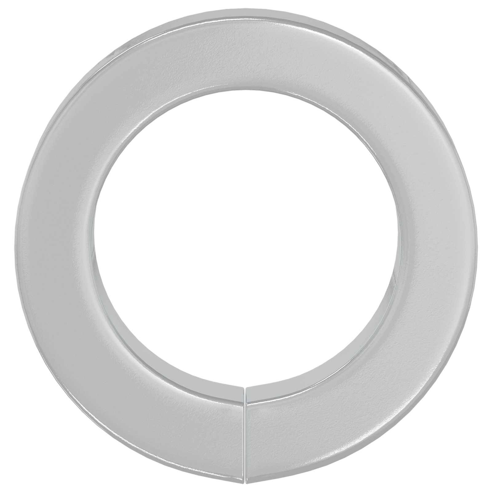 Ein kreisförmiger silberner Ring, von oben betrachtet, mit einer sauberen, glatten Oberfläche und einer kleinen Öffnung am unteren Ende, vor einem weißen Hintergrund.