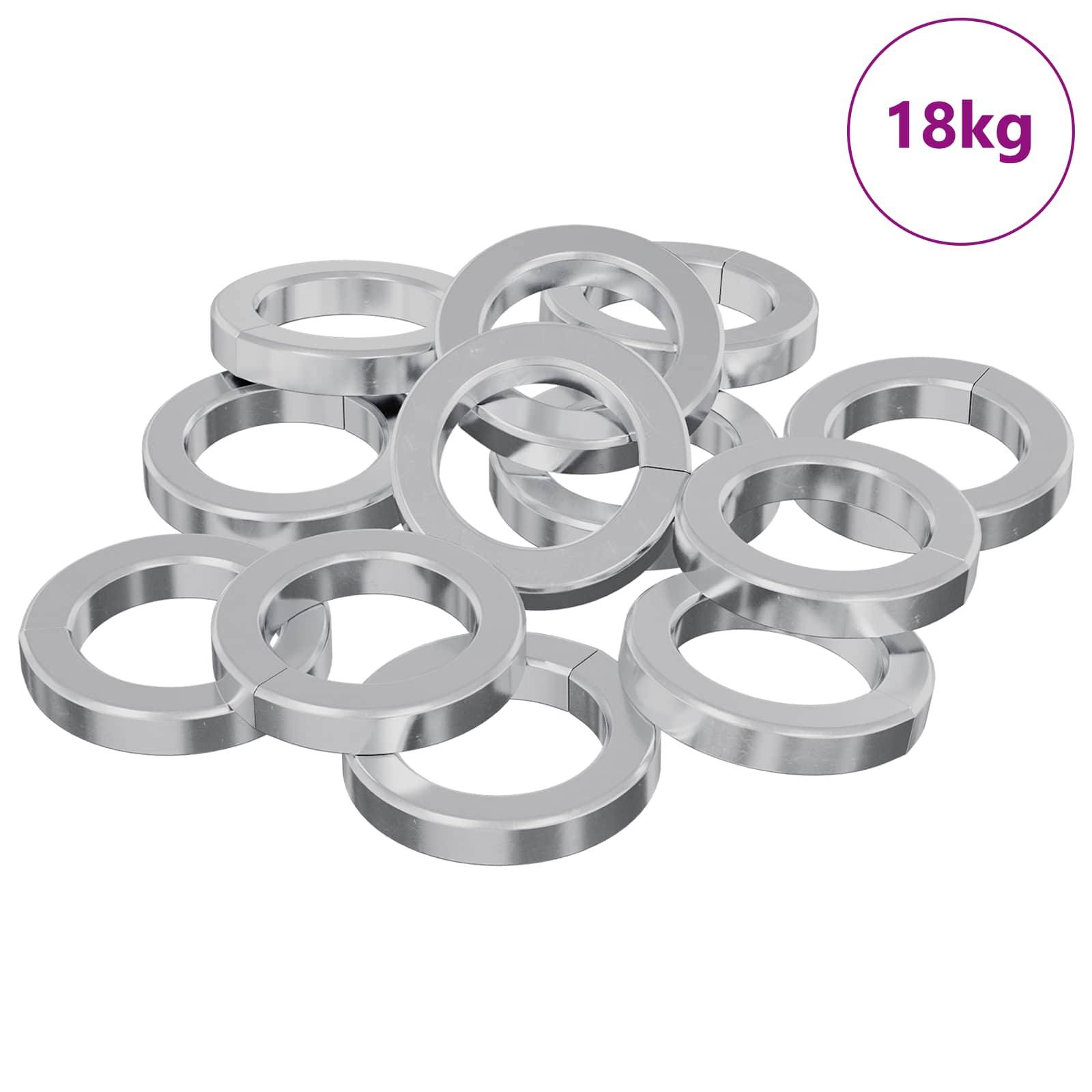 Eine Sammlung glänzender Metallringe, in einem Haufen angeordnet, mit einer Beschriftung „18kg
