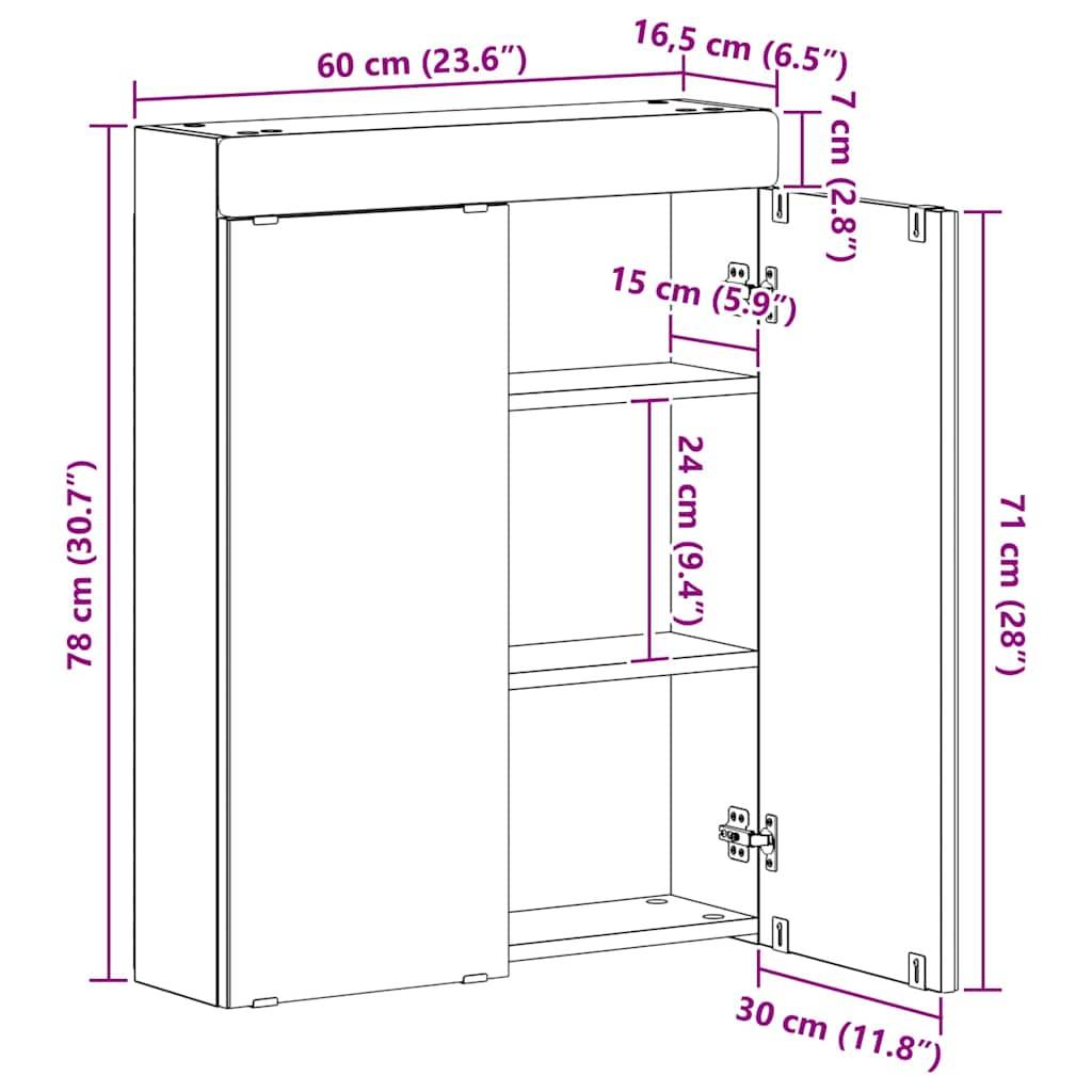 Wandschrank-Diagramm mit Maßen: Höhe 78 cm, Breite 60 cm, Tiefe 16,5 cm. Türen öffnen sich und zeigen 3 Regale: oberes 15 cm, unteres 24 cm Höhe.