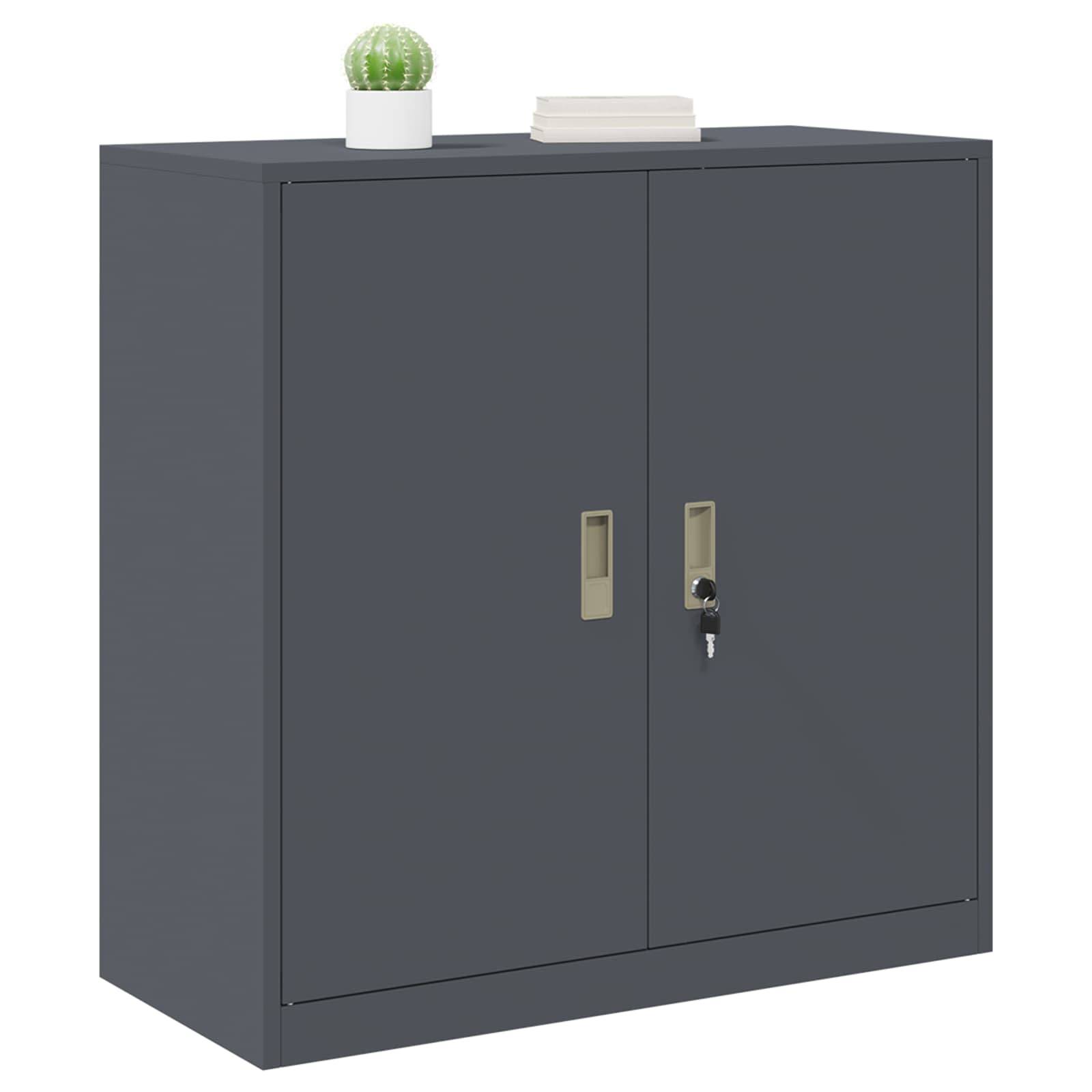 Ein grauer Metallschrank mit zwei Türen, jede mit einem Griff und einem Schlüsselloch. Ein kleiner Topfkaktus und zwei geschlossene Bücher ruhen oben darauf.