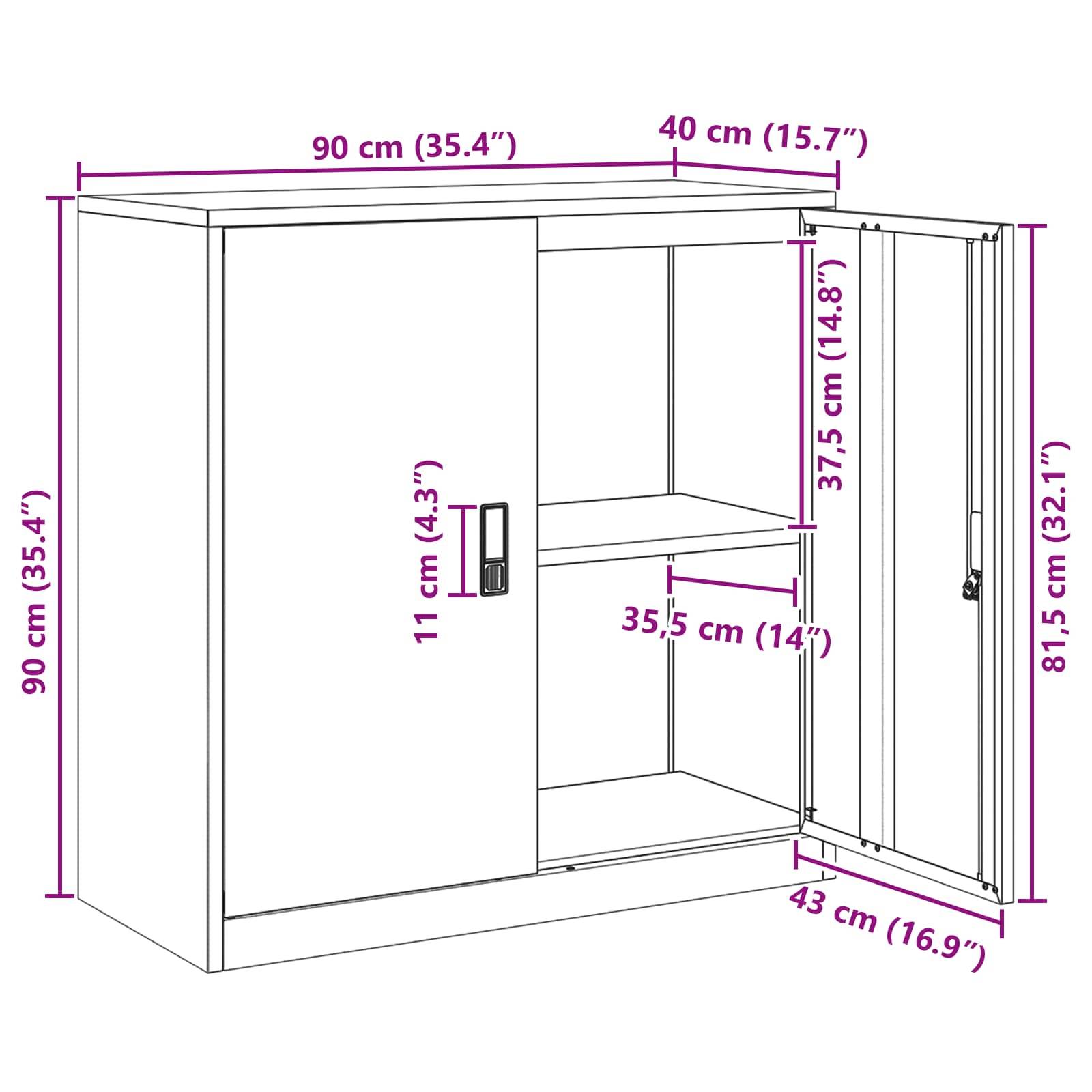 Strichzeichnung eines Schranks mit Abmessungen: Höhe 90 cm (35,4"), Breite 90 cm (35,4""), Tiefe 40 cm (15,7""), Türhöhe 81,5 cm (32,1""), Regalhöhe 37,5 cm (14,8"") und Griffhöhe 11 cm (4,3"").